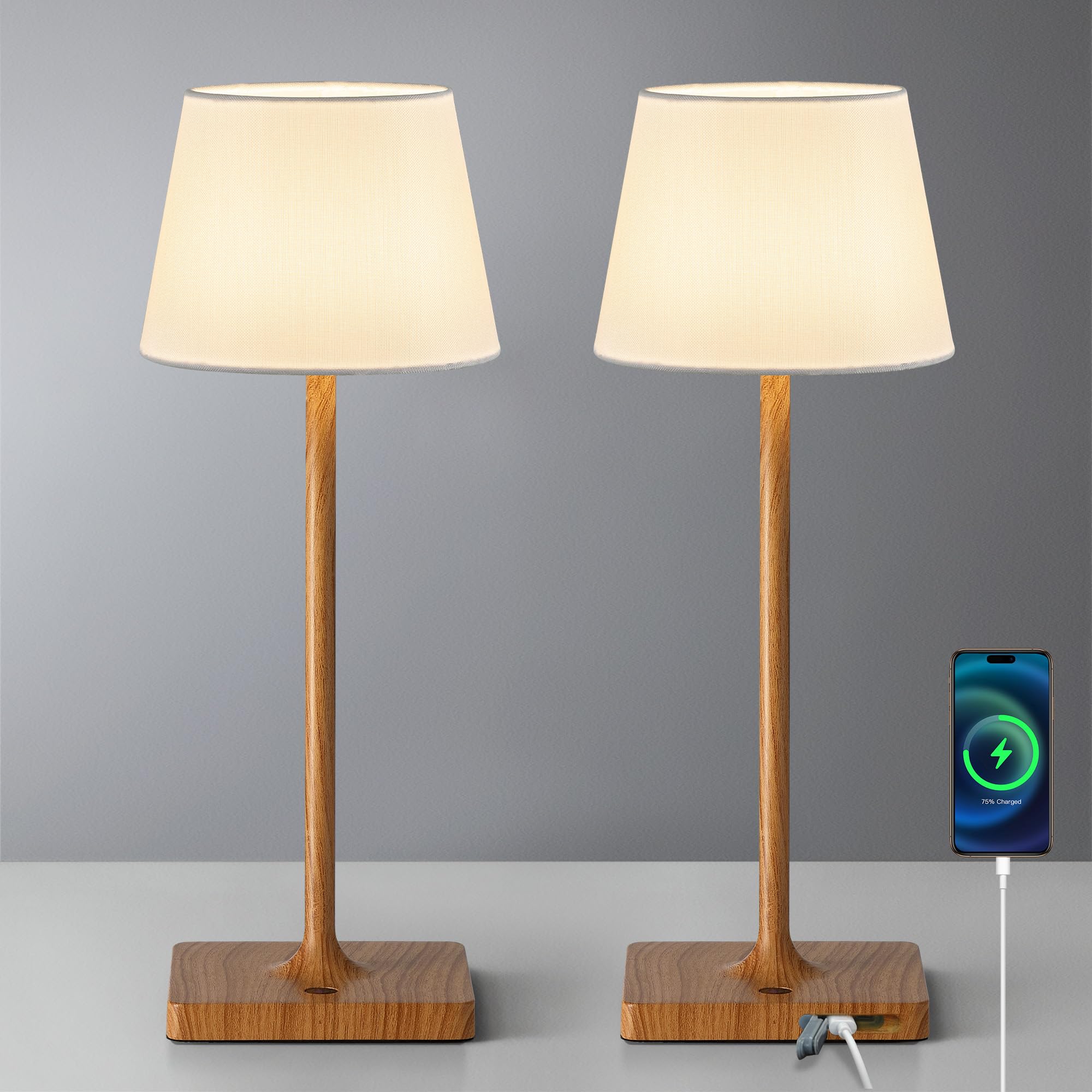 Newsee Cordless Touch Table Lamp Set Of 2, 4000Mah Rechargeable Battery Powered Dimmable Led Desk Lamps Fabric Lampshde, Baby Night Light For Restaurant, Dinning, Bedroom (Wood Grain 14.5")