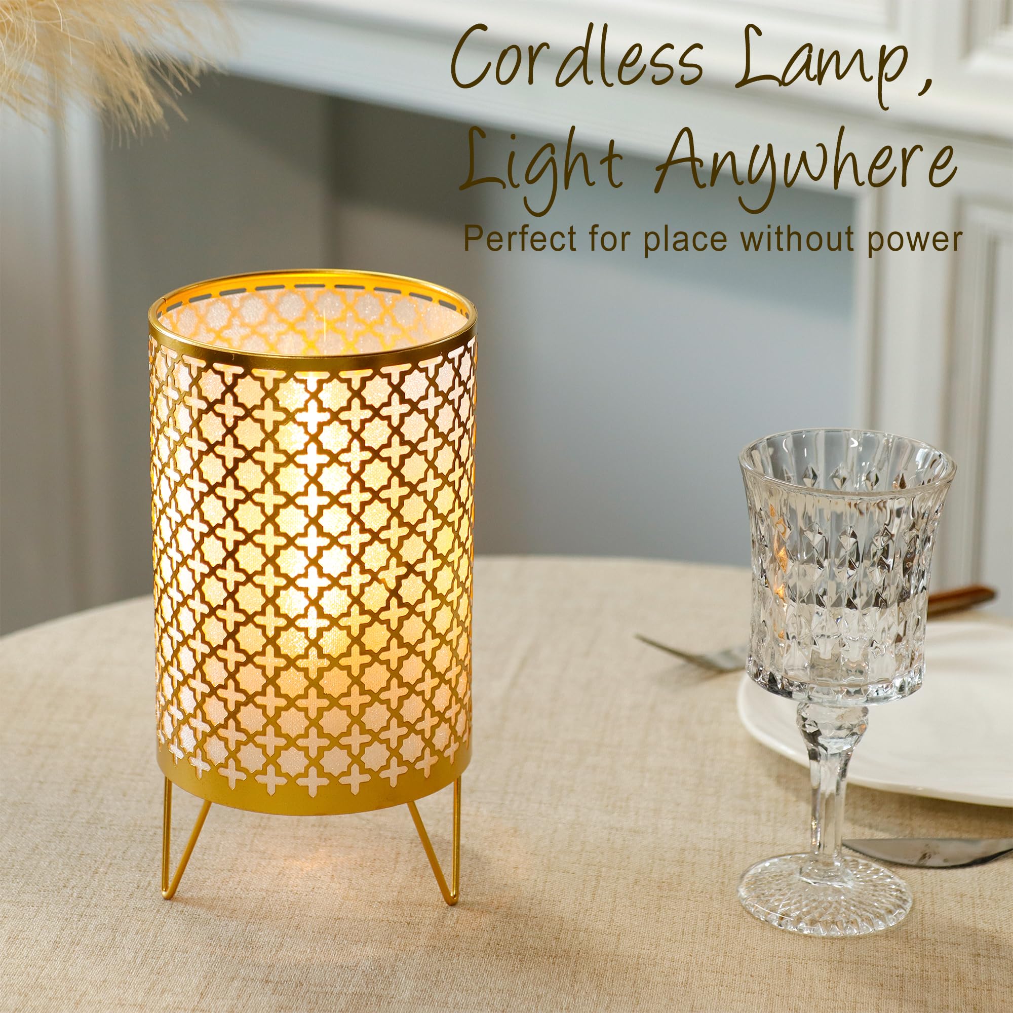 Trirocks Set Of 2 Battery Operated Lamp 9'' High Cordless Table Lamp Battery Powered Lanterns With 6H Timer For Home Living Room Weddings Parties Patio Events Outdoors Indoors Shelf(Gold)