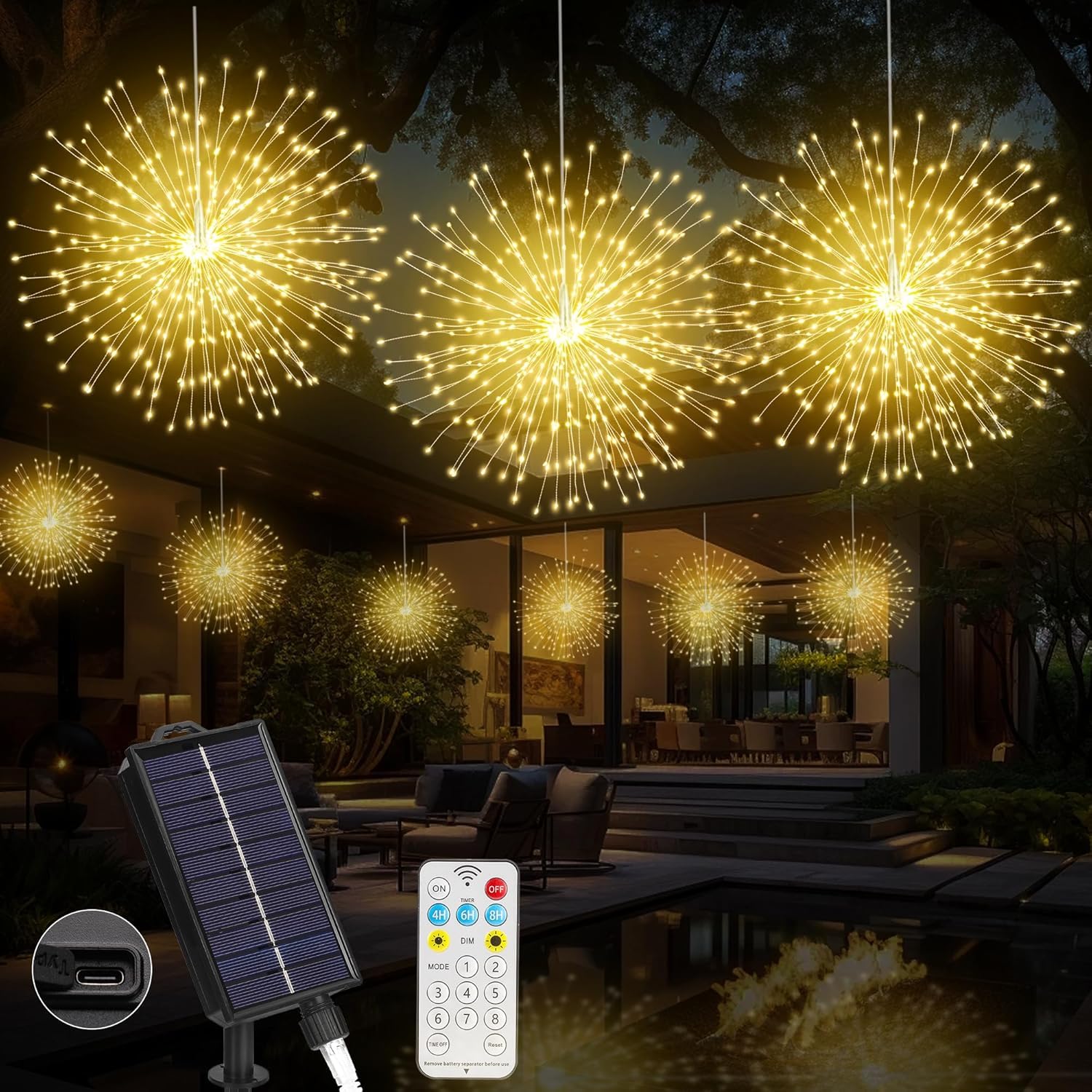 Lertdai Solar Firework Lights Outdoor, 600 Led Starburst Light Outdoor With Usb Rechargerable, 8 Modes Waterproof Solar Hanging Lights For Gazebo Yard Party Wedding Decorations (Warm White, 600 Led)