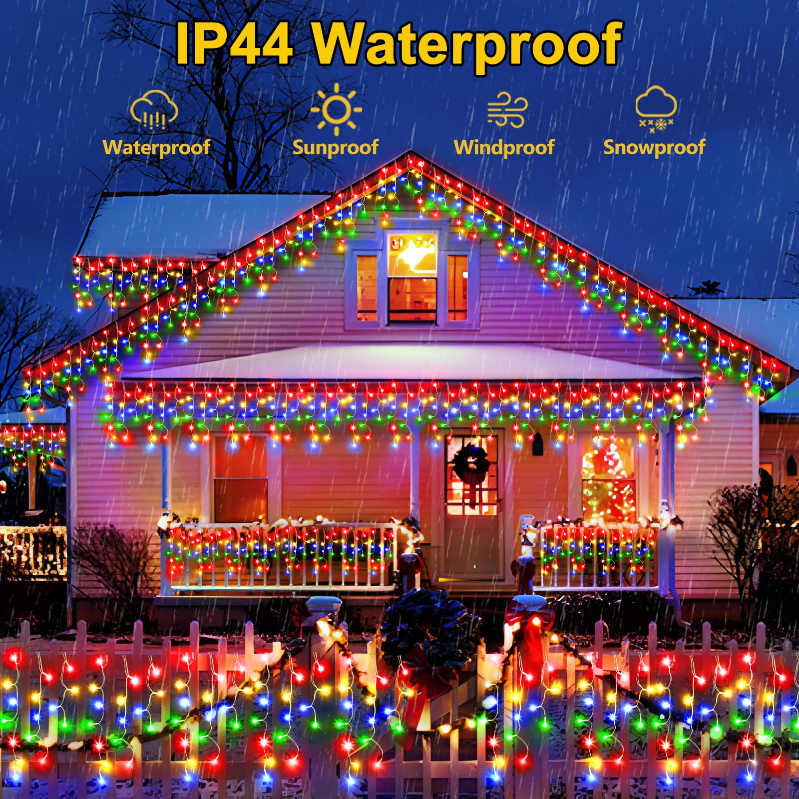Sauirs 33Ft 320 Led Christmas Lights Outdoor Decorations With 60 Drops Timer 8Mode Curtaing String Lights Waterproof Fairy Lights For Indoor,Xmas,Party,Patio,Window,Fence,Trees Decor(Multicolor)