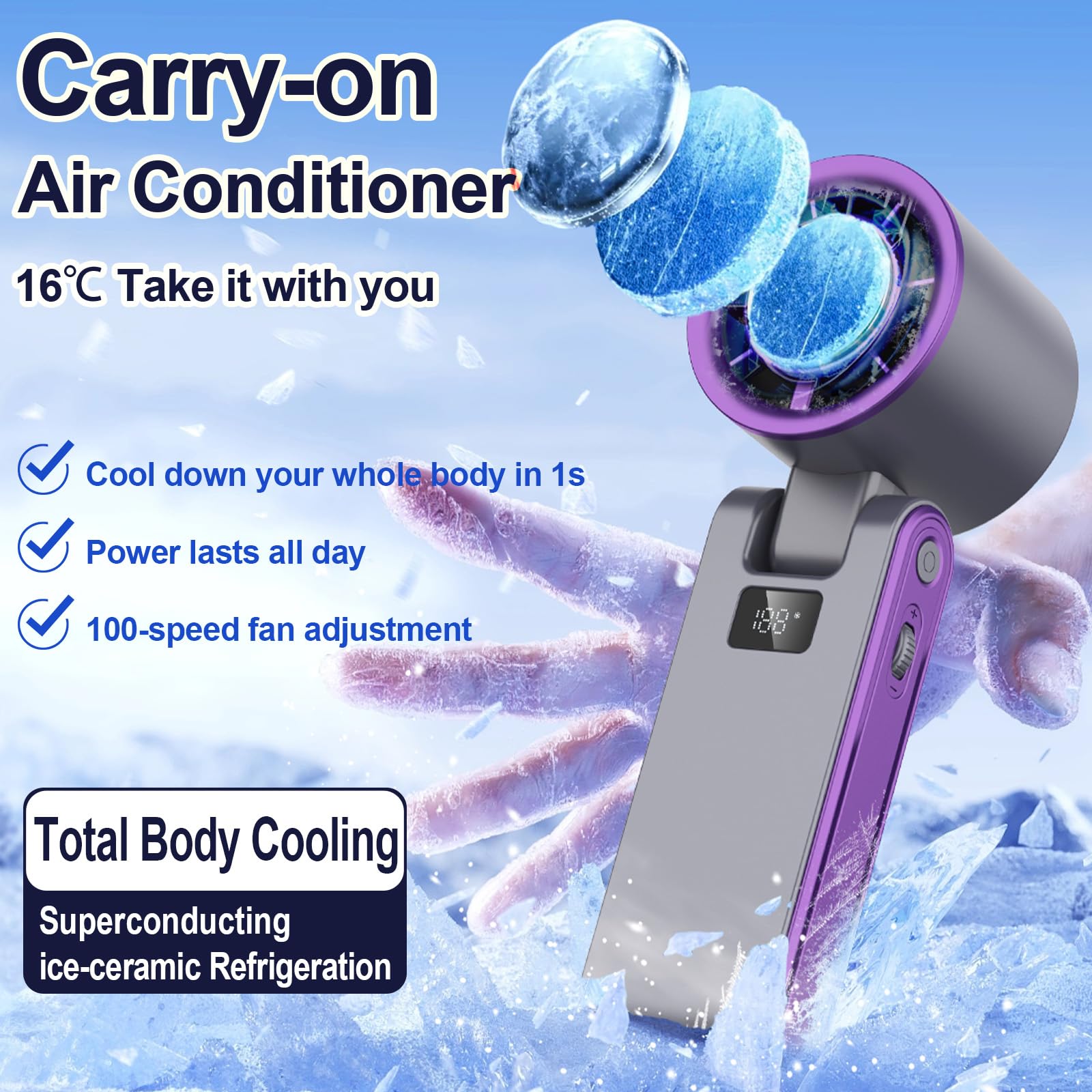 Portable Fan, Handheld Semiconductor Fan With 100 Adjustable Speeds & Led Display - 3000Mah Battery