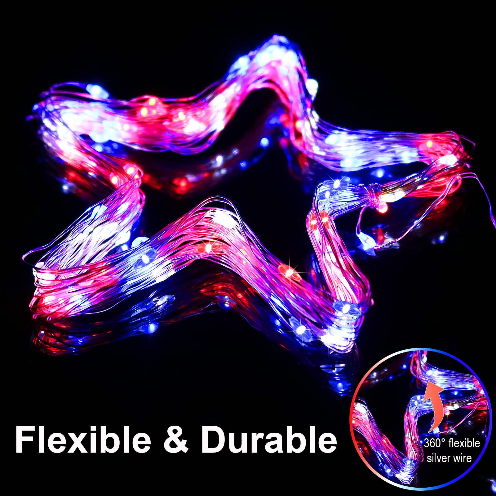 Yaozhou 4Th Of July Memorial Day Patriotic Decorations Solar String Lights Outdoor Waterproof-Red White And Blue Lights,2Pack Each 100Led 33Ft,Ip67 Waterproof 8 Modes Fairy Lights For Garden,Patio Yard
