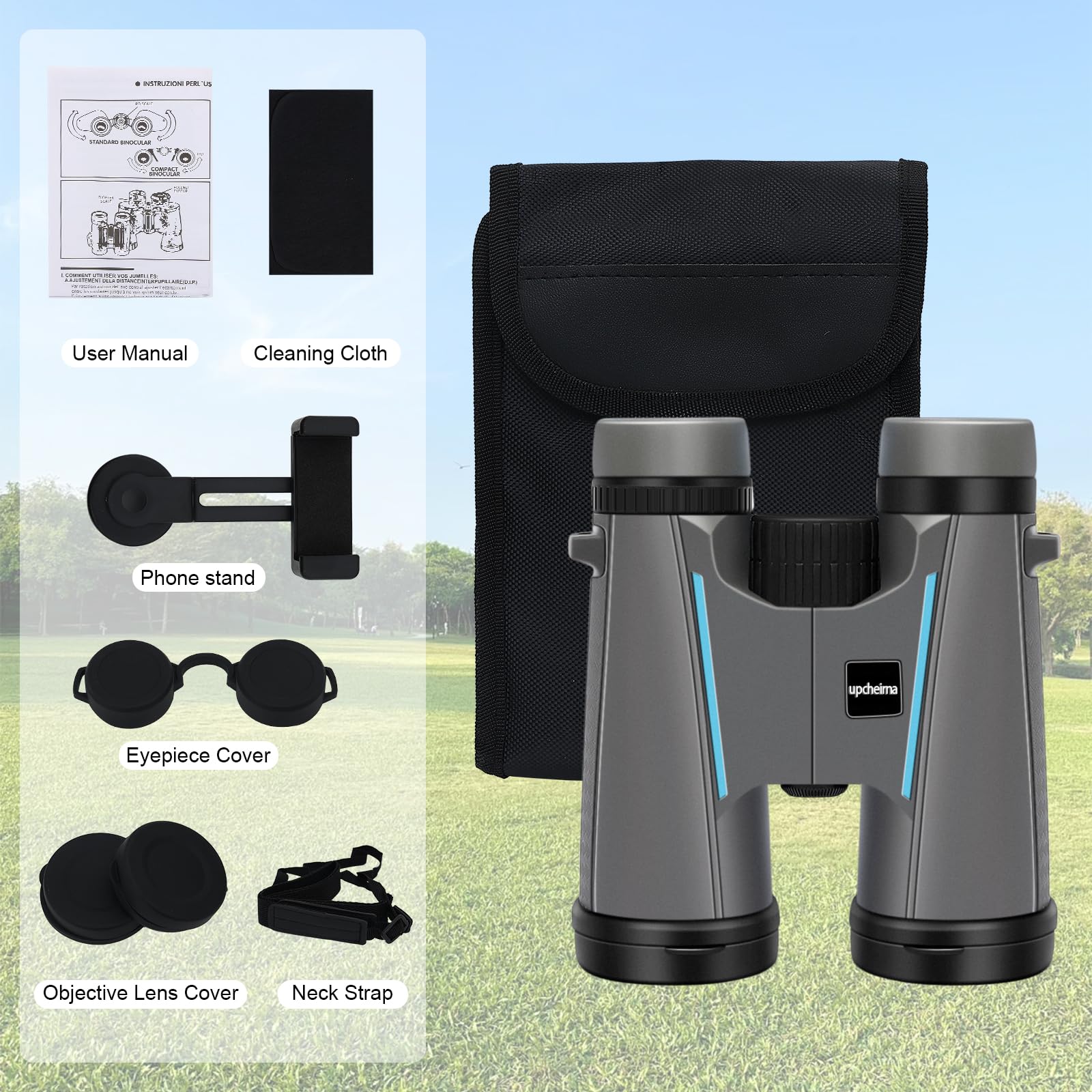 Upcheirna 12X42 Binoculars For Adults High Powered -Compact Travel Hd Binoculars With Phone Adapter,Low Light Night Vision, Bird Watching, Hunting, Lightweight Binoculares，Durable Gray Bino