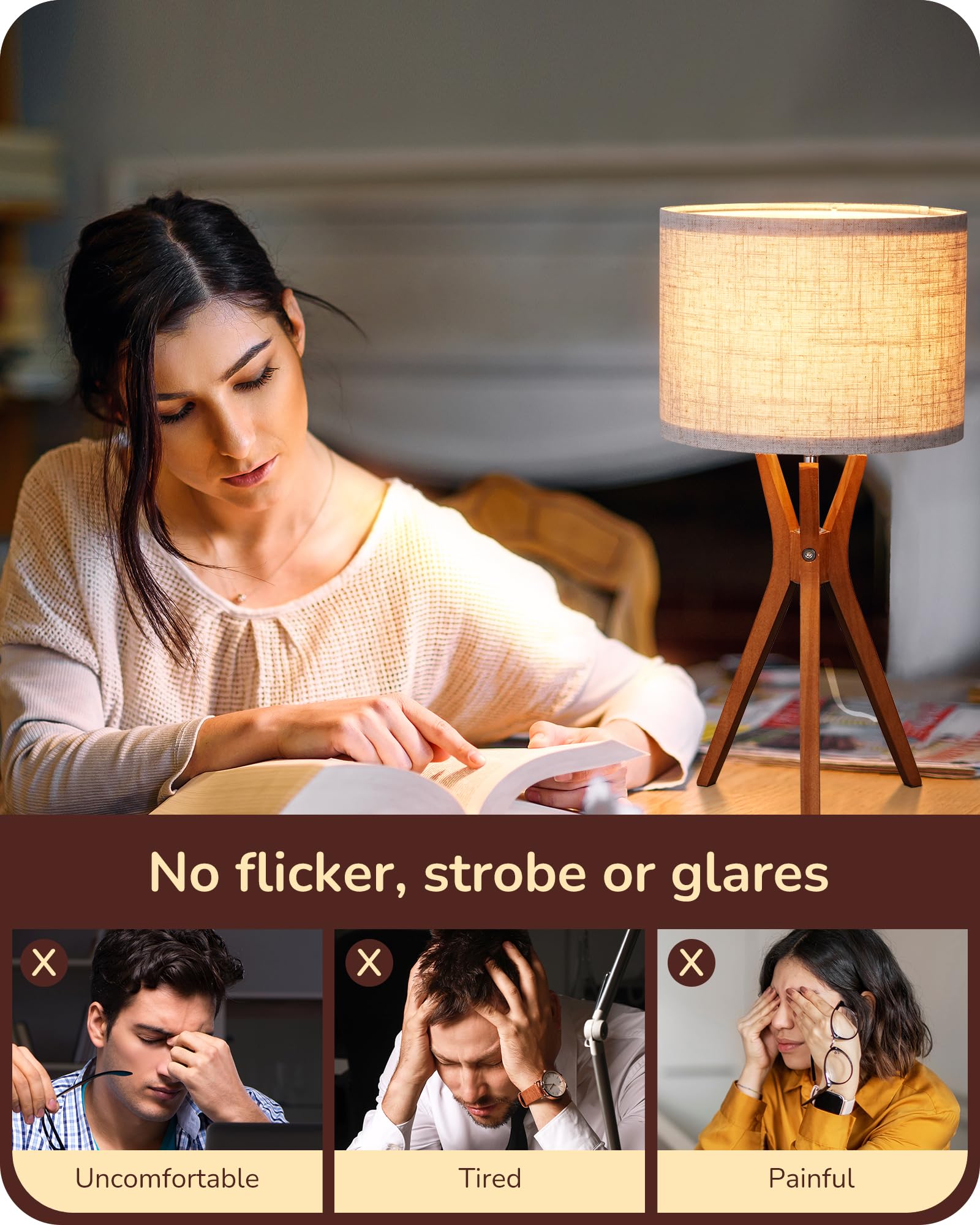 Edishine Mid Century Table Lamp, 17.5" Tripod Bedside Lamp With Deep Wood Color Light Base & Beige Linen Lampshade, Nightstand Lamp For Bedroom, Living Room, Reading Room, E26 Base