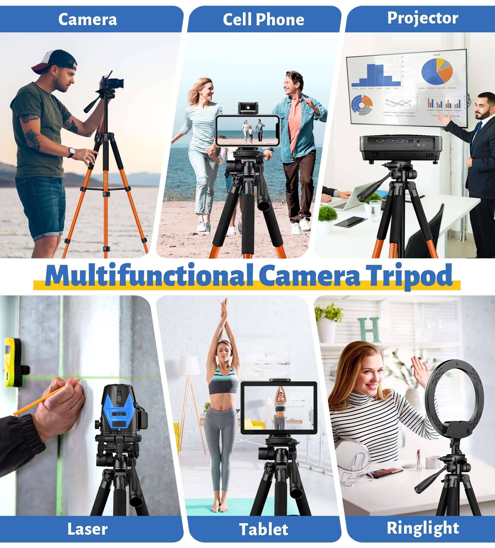 Joilcan Tripod For Camera, 67" Heavy Duty Camera Tripod, Phone Tripods For Video Recording Photo Vlog, Aluminum Tripods With Holder & Travel Bag For Cameras Dslr Iphone Projector Laser