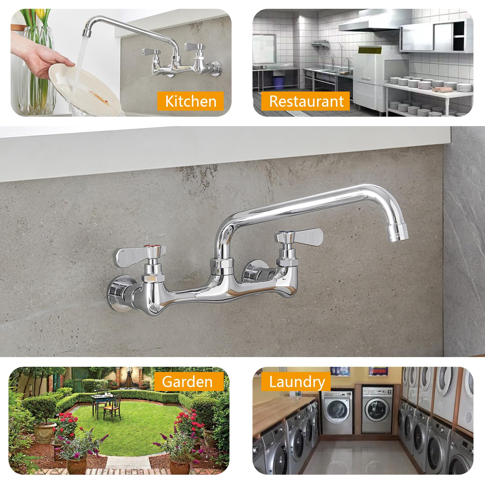Bathlavish Kitchen Sink Faucet Chrome Wall Mount Commercial Brass Sink Faucet W/8“ Center Swivel Spout 2 Dual Handle Wall-Mount For Utility Laundry Room Restaurant Outdoor Sink
