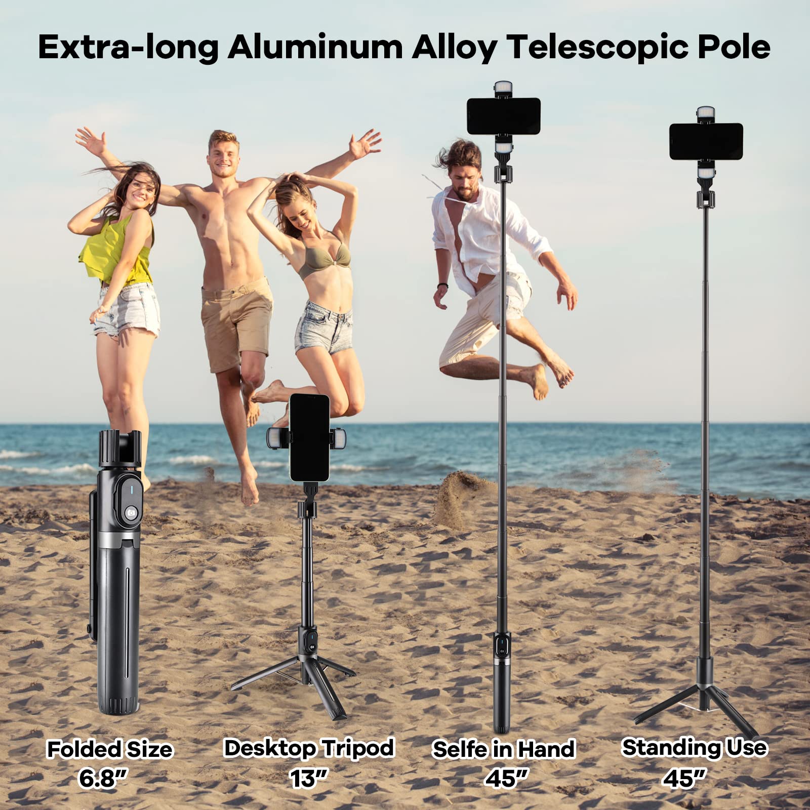 Mqouny Selfie Stick With Rugged Tripod,Extendable 41 Inch Aluminum Alloy Phone Tripod With Detachable Wireless Rechargeable Remote And Dual Ring Light,360 Rotation Phone Holder For Smartphone (Black)