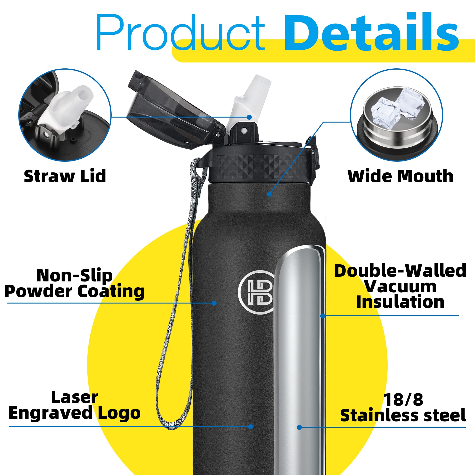 Han'S Bottle Sports Water Bottle - 32 Oz, Straw Lid, Leak Proof, Vacuum Insulated Stainless Steel