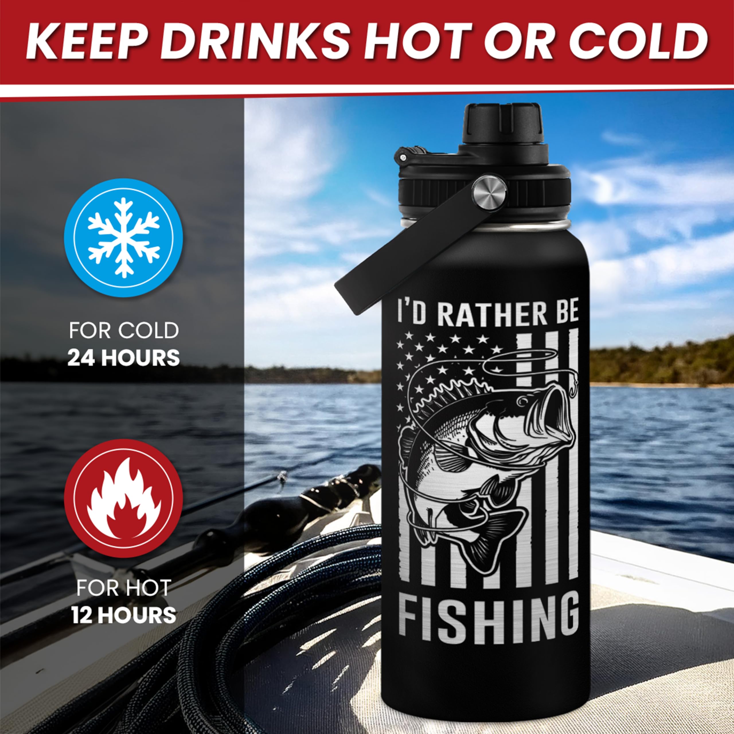 Sandjest Fishing Water Bottle - 32Oz Stainless Steel Insulated Bottles With Lid - Deer Fishing