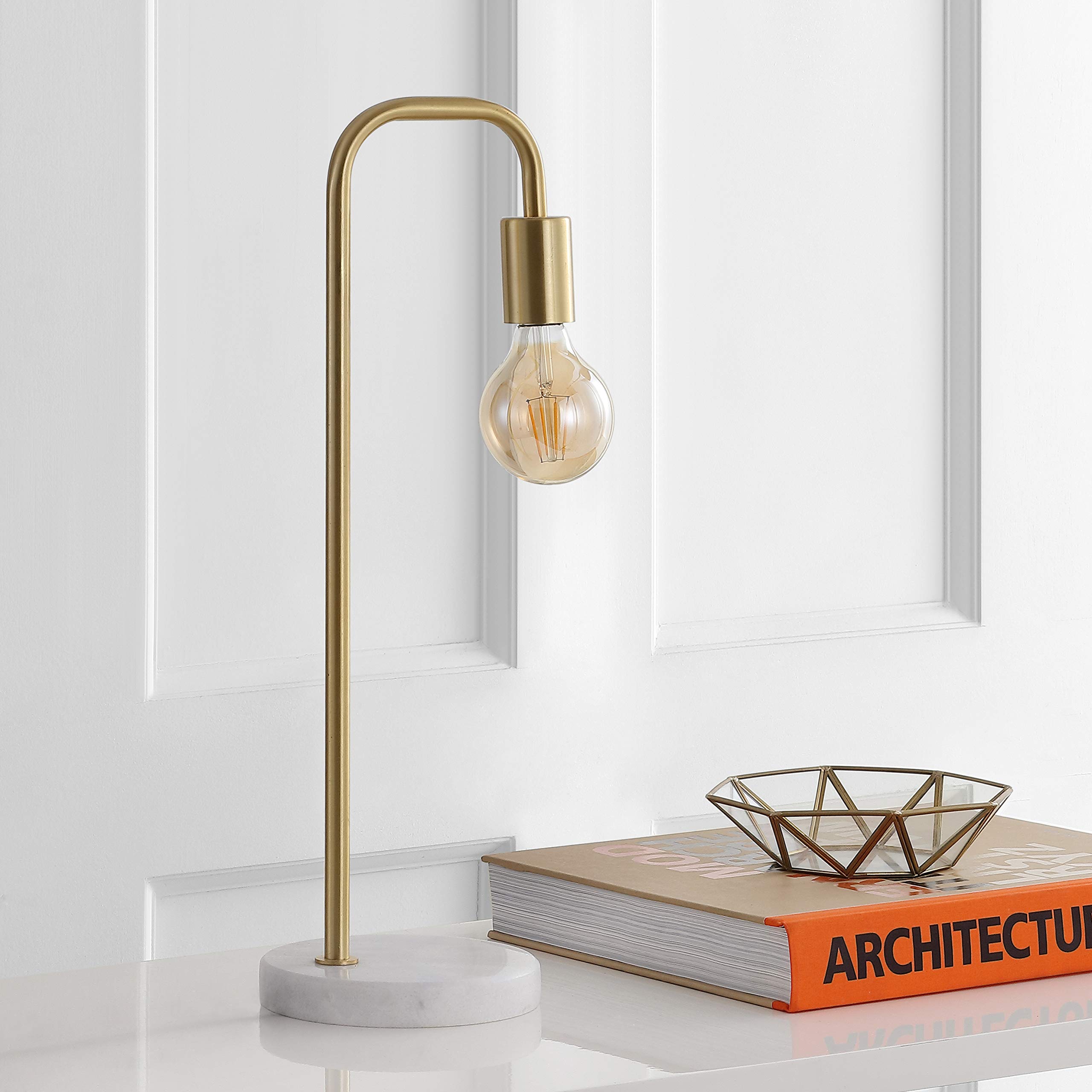Jonathan Y Jyl1094A Axel 20.5" Industrial Gold Pipe Metal/Marble Edison Led Table Lamp Classic Transitional Bedside Desk Nightstand Lamp For Bedroom Living Room Office College, Brass Gold/White
