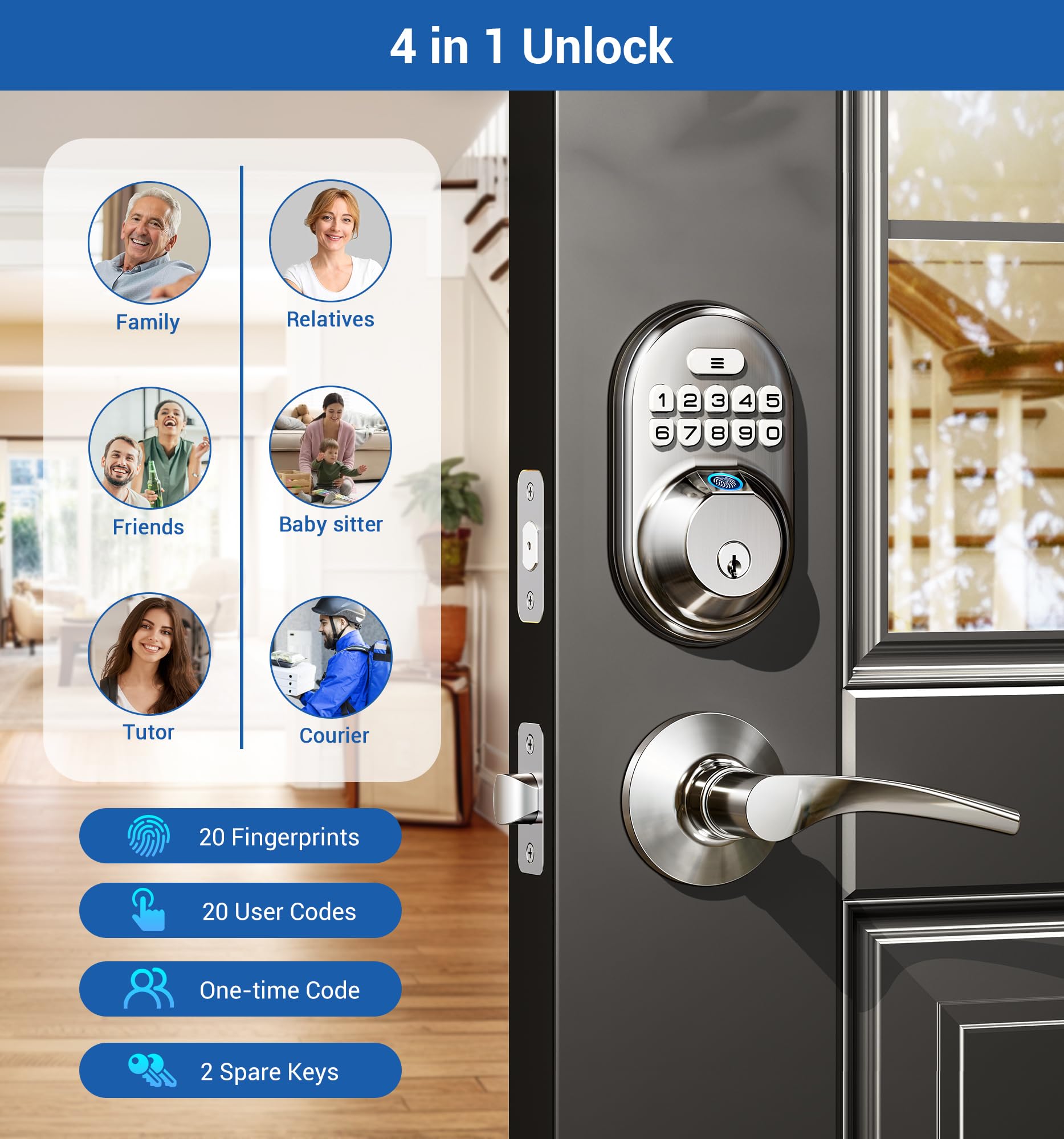 Veise Fingerprint Door Lock With 2 Lever Handles, Keyless Entry Keypad Electronic Deadbolt, Front Door Lock Set, Easy Installation, Satin Nickel