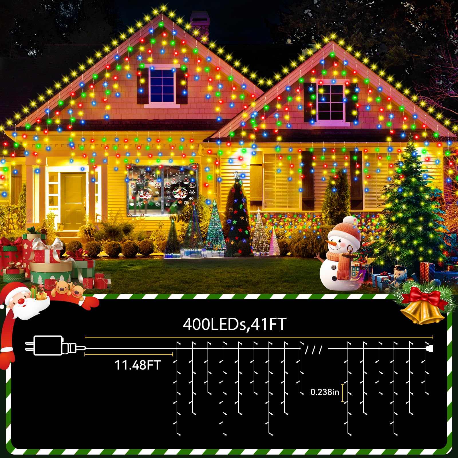 Jrewdoin 33Ft 400Led Christmas Lights Outdoor Waterproof Curtain Lights With 8 Modes Timer Hanging Fairy Lights Plug In String Lights For Holiday Wedding Party Decoration(Multicolor)