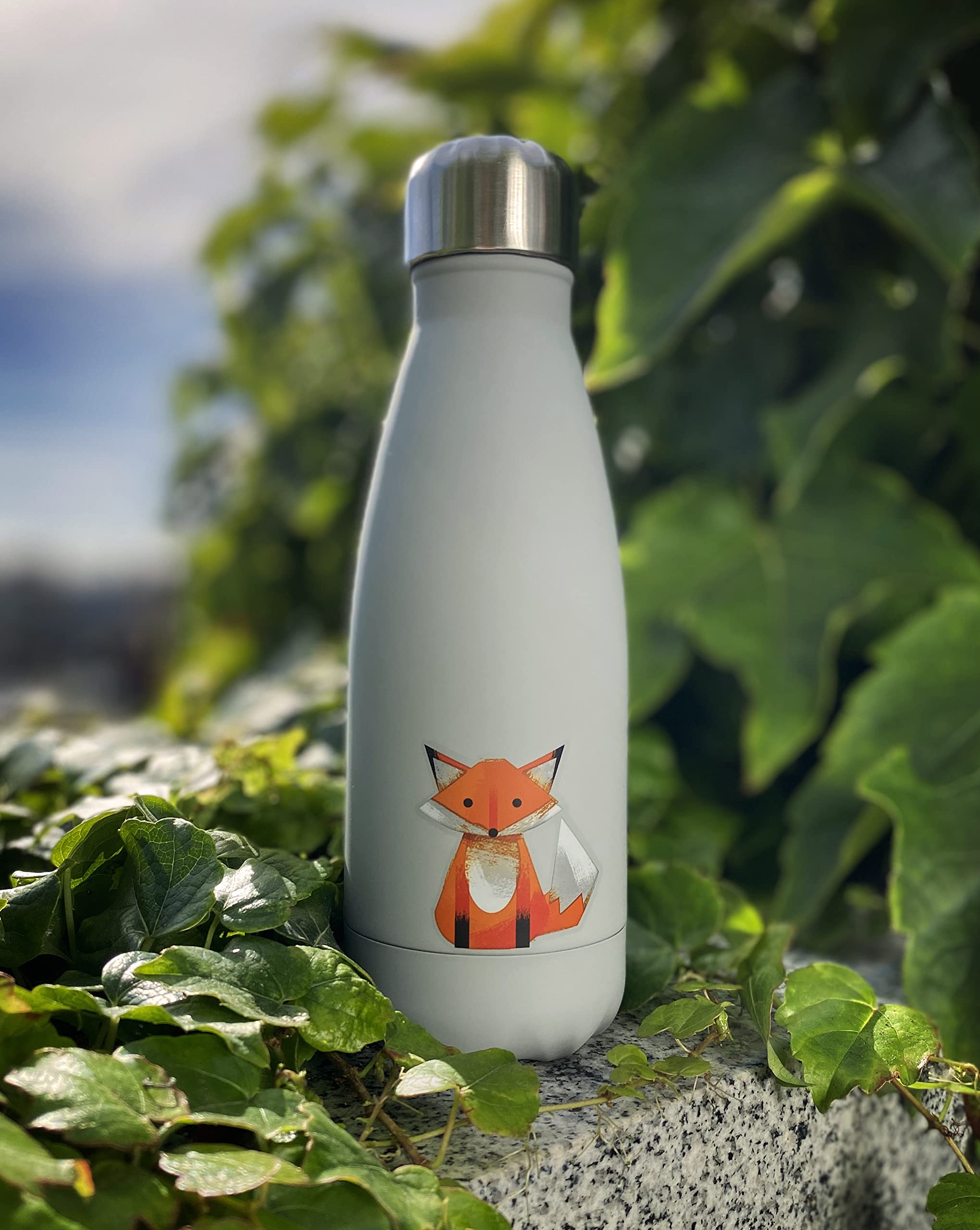 Water Bottle With Cute Fox Design  Stainless Steel  Double Wall Insulated  Grey  12Oz
