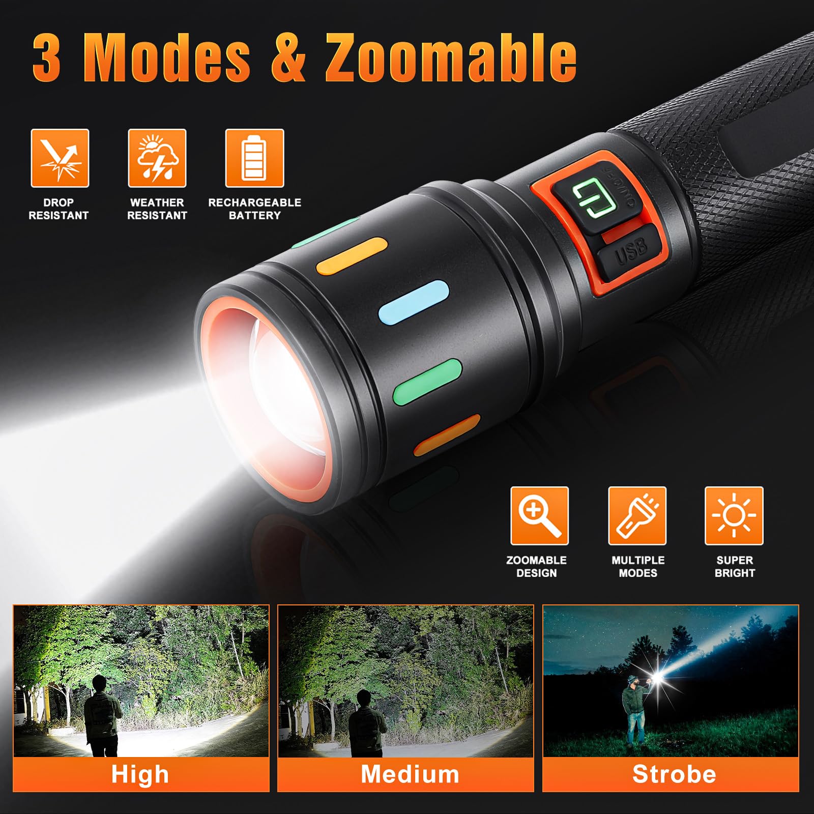 Ciwuzxs Super Bright Tactical Flashlight, Led Flashlights, High Powered 2000 Lumens With 3 Lighting Modes, Zoomable Waterproof Flash Lights For Emergency, Outdoor, Home, Camping, Hiking 2 Pack