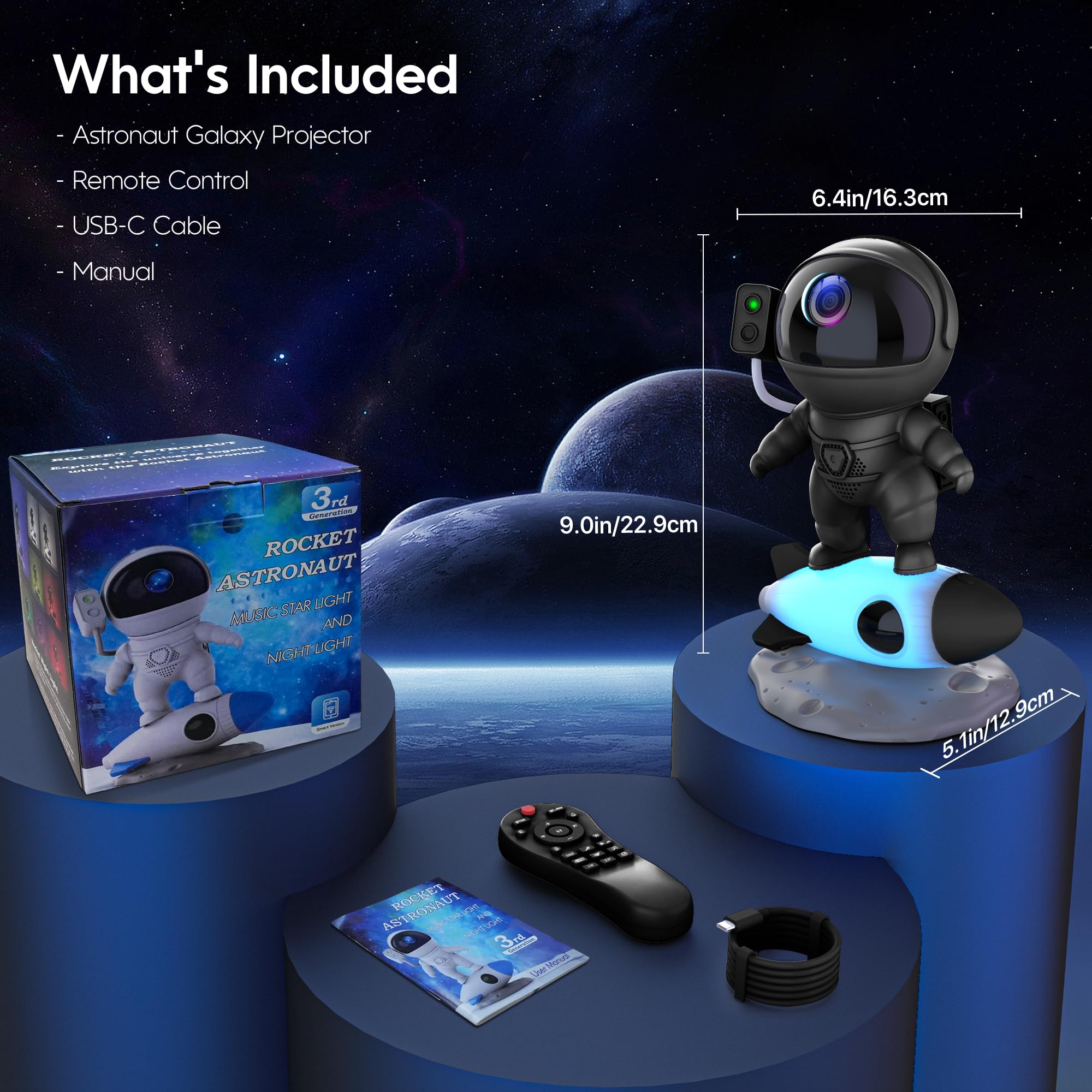 Flyeagle Astronaut Galaxy Projector, Star Projector Rocket Night Light For Kids Room, 360° Adjustable Magnetic Head, Bluetooth Speaker, Timer, White Noise With Remote App Button Control Idea For