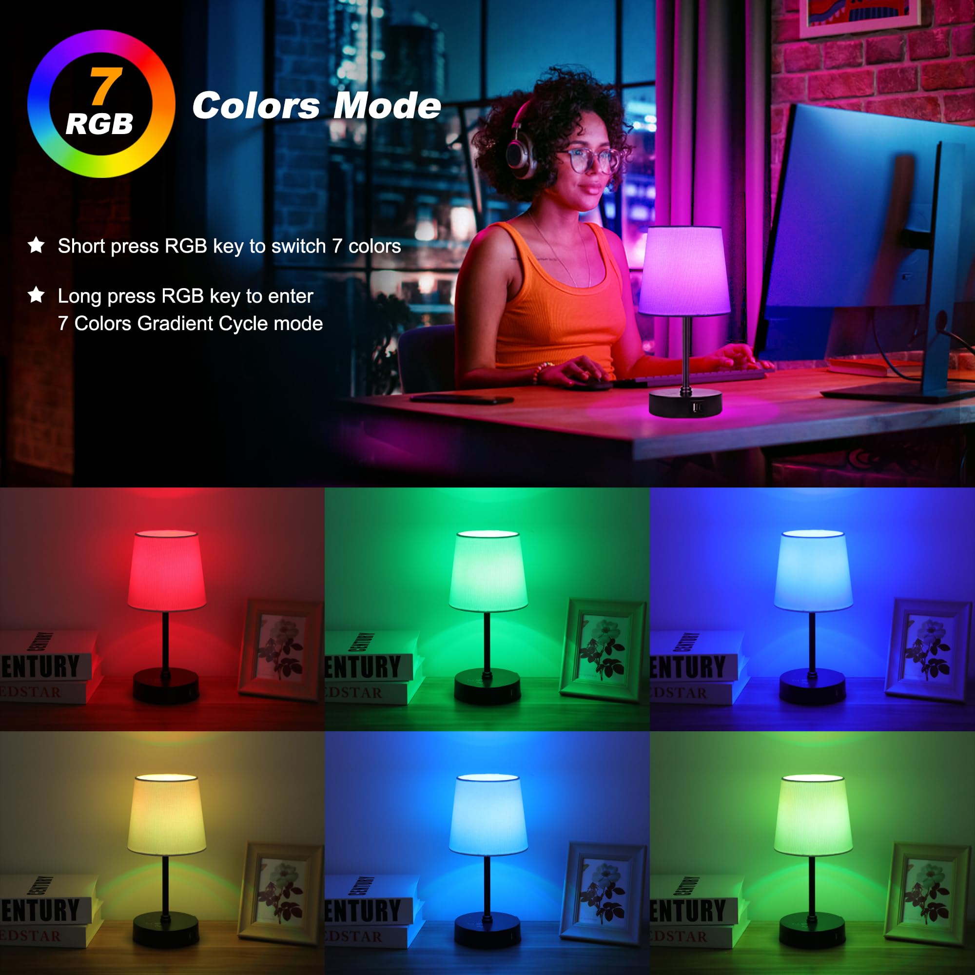 Ascher 1 Pack Small Bedside Table Lamp With 3 Color Temperatures, Dimmable Nightstand Lamps With Dual Usb Ports, Touch Control Rgb Color Desk Lamp For Bedroom Living Room Study Office(White Shade)
