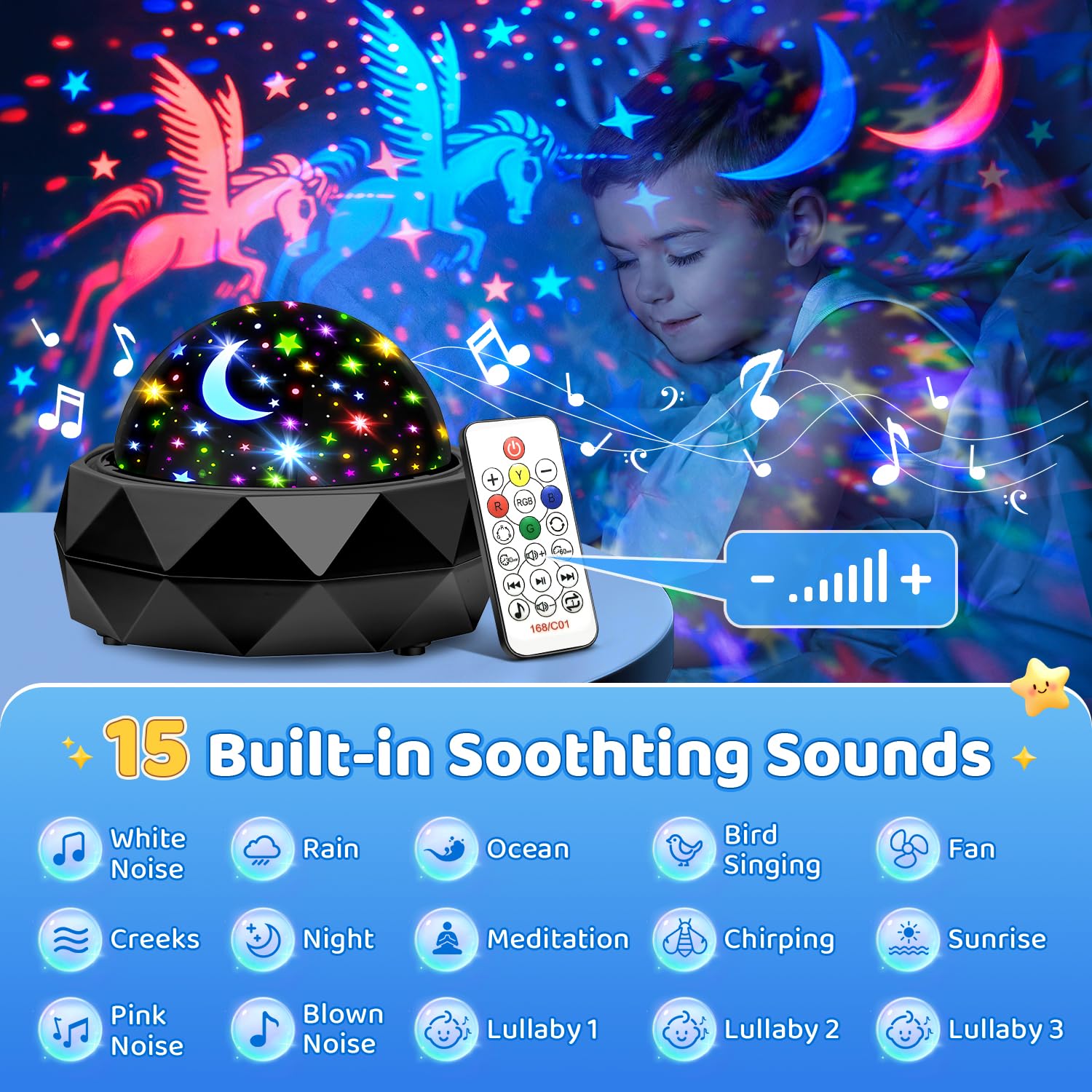 Pikoy Night Light Projector For Kids Room - 15 Colors, 15 White Noise, 3 Films, Remote - Rechargeable Star Lights For Ceiling, Bedroom -