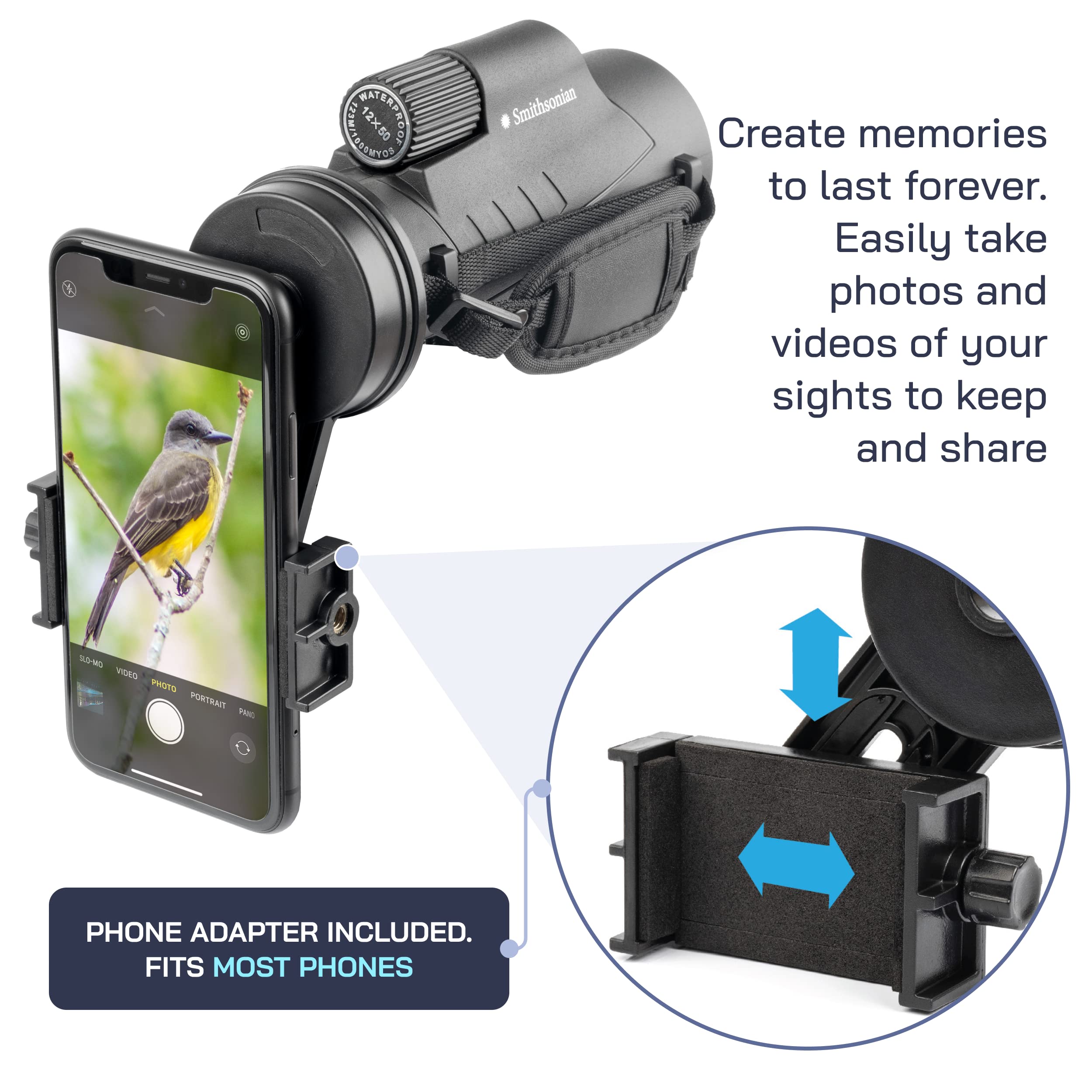 Omano Smithsonian 12X50 Monocular Telescope With Smartphone Adaptor – Monoculars For Adults - High Powered Telescope – Ideal Monocular For Bird Watching And Nature Enthusiasts – Hd Monocular Telescope