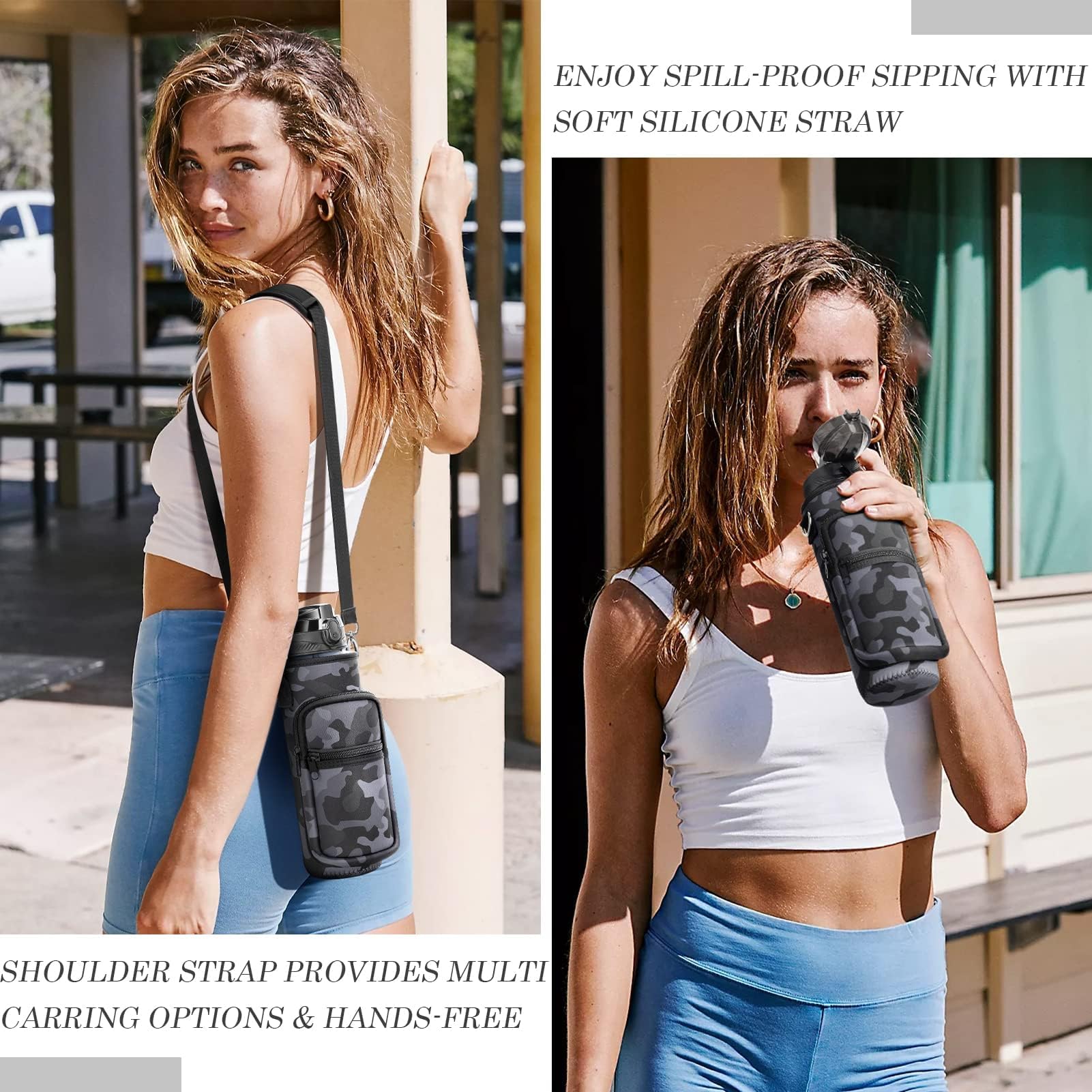 Fimibuke 32 Oz Water Bottle With Sleeve - Leakproof Sport Large 1L Plastic Motivational