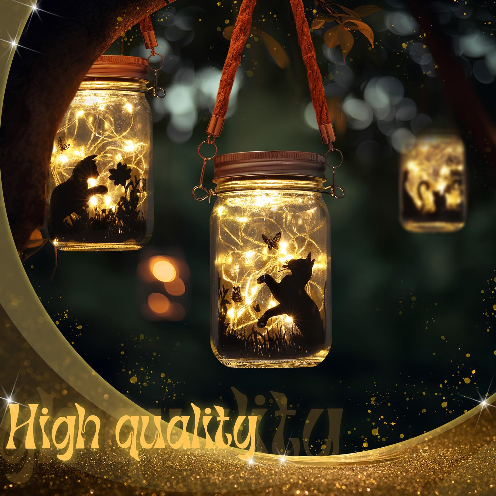Jingmore 3 Pcs Fairy Hanging Lanterns Solar Lantern Cat Dog Butterfly Solar Outdoor Yard Lawn Garden Decor Jar Lights For Mom Women Cat Dog Lovers  Tree Patio Lawn Table(Cat)