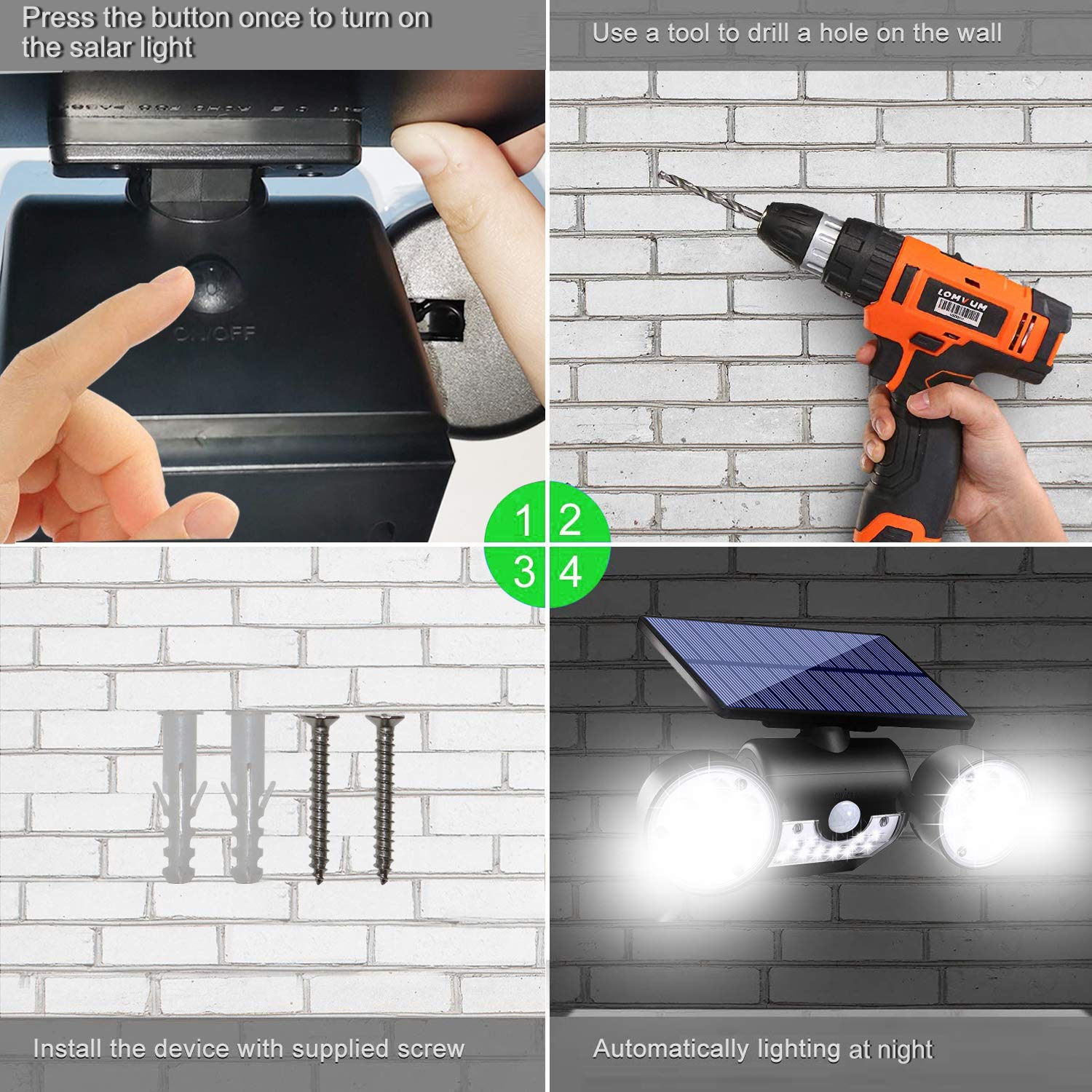 Ollivage Solar Lights Outdoor, Motion Sensor Security Lights Solar Wall Lights with Dual Head Spotlights LED Waterproof 360° Adjustable Solar Motion Lights - Koospark
