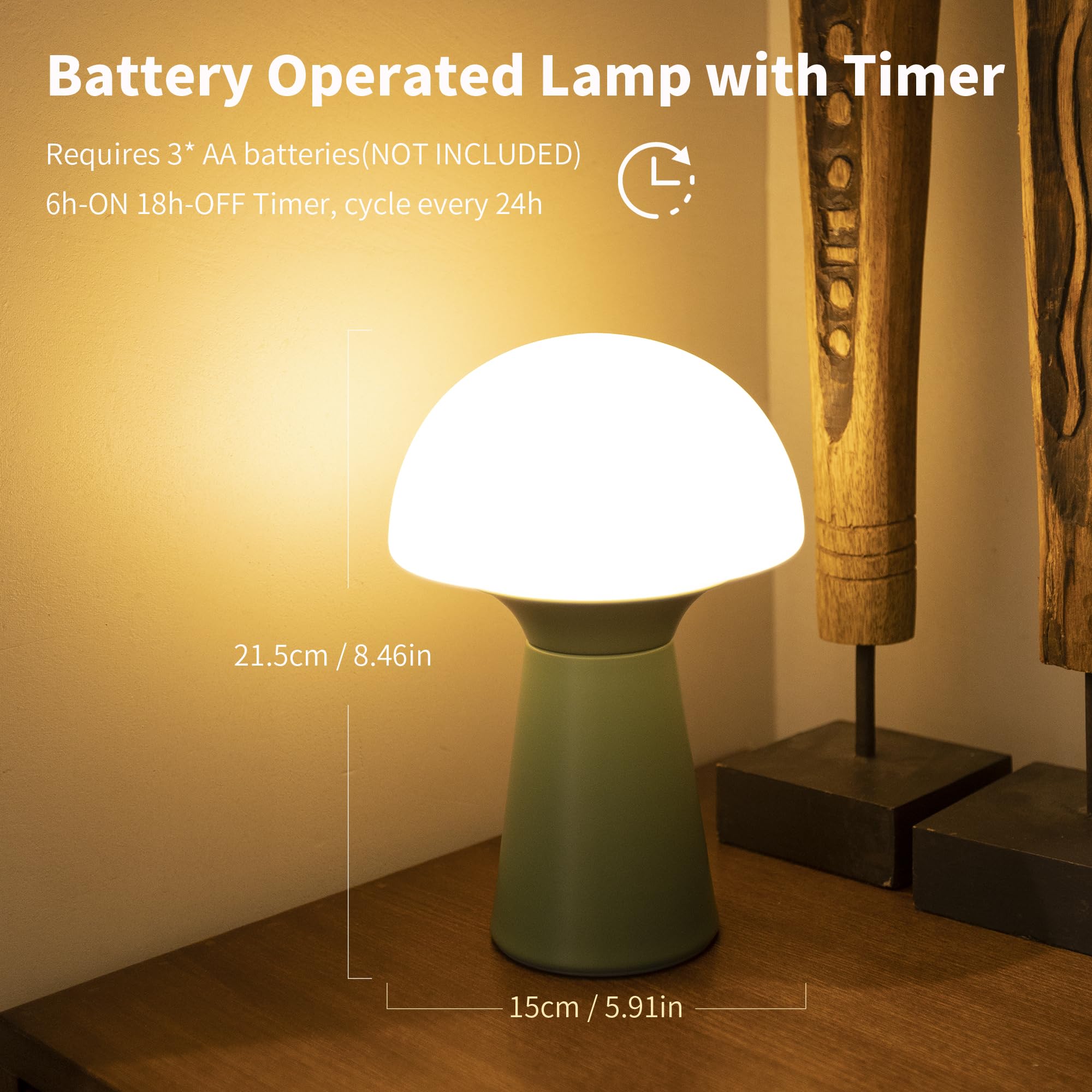 Lusharbor Mushroom Table Lamp, Battery Operated Lamp With Timer Small Portable Lamp Cordless Battery Powered Bedside Lamp Wireless Table Light For Bedroom Camping Kitchen (Green)