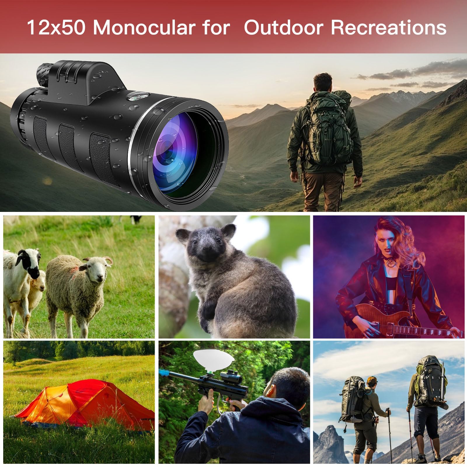 Ulikeatm Monocular Telescope For Adults,12X50 Hd Large Vision Monoculars With Smartphone Adapter Tripod,High Powered Monocular For Bird Watching Hunting Hiking Camping Wildlife,Bak4 Prism Fmc Lens,Waterproof