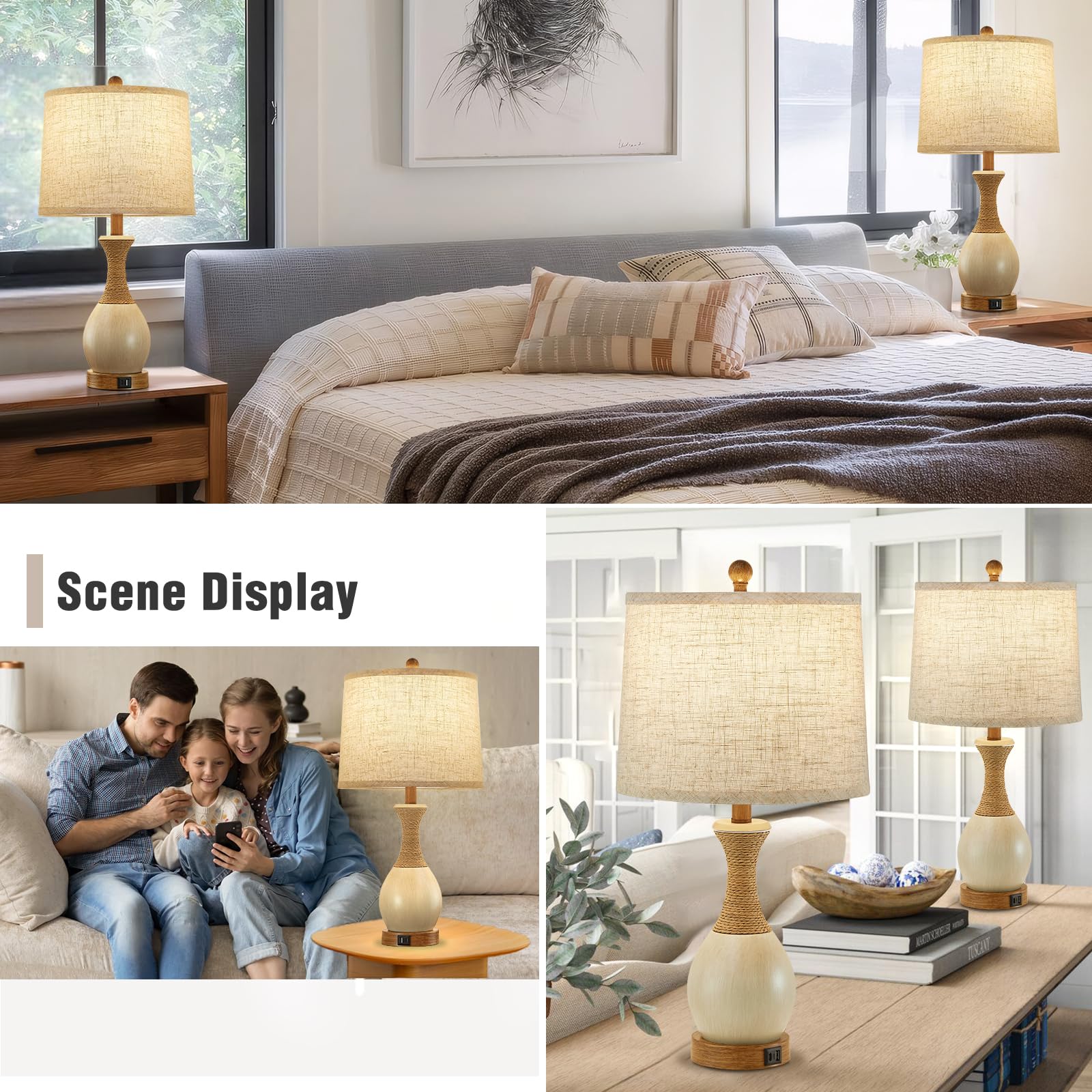 Ejiaxin Table Lamp For Bedroom Set Of 2 - Bedside Table Lamps With 3 Color Temperatures - Boho Rattan Lamps For Nightstand With Usb A+C Charging Ports Farmhouse Living Room Lamp Bulb Included