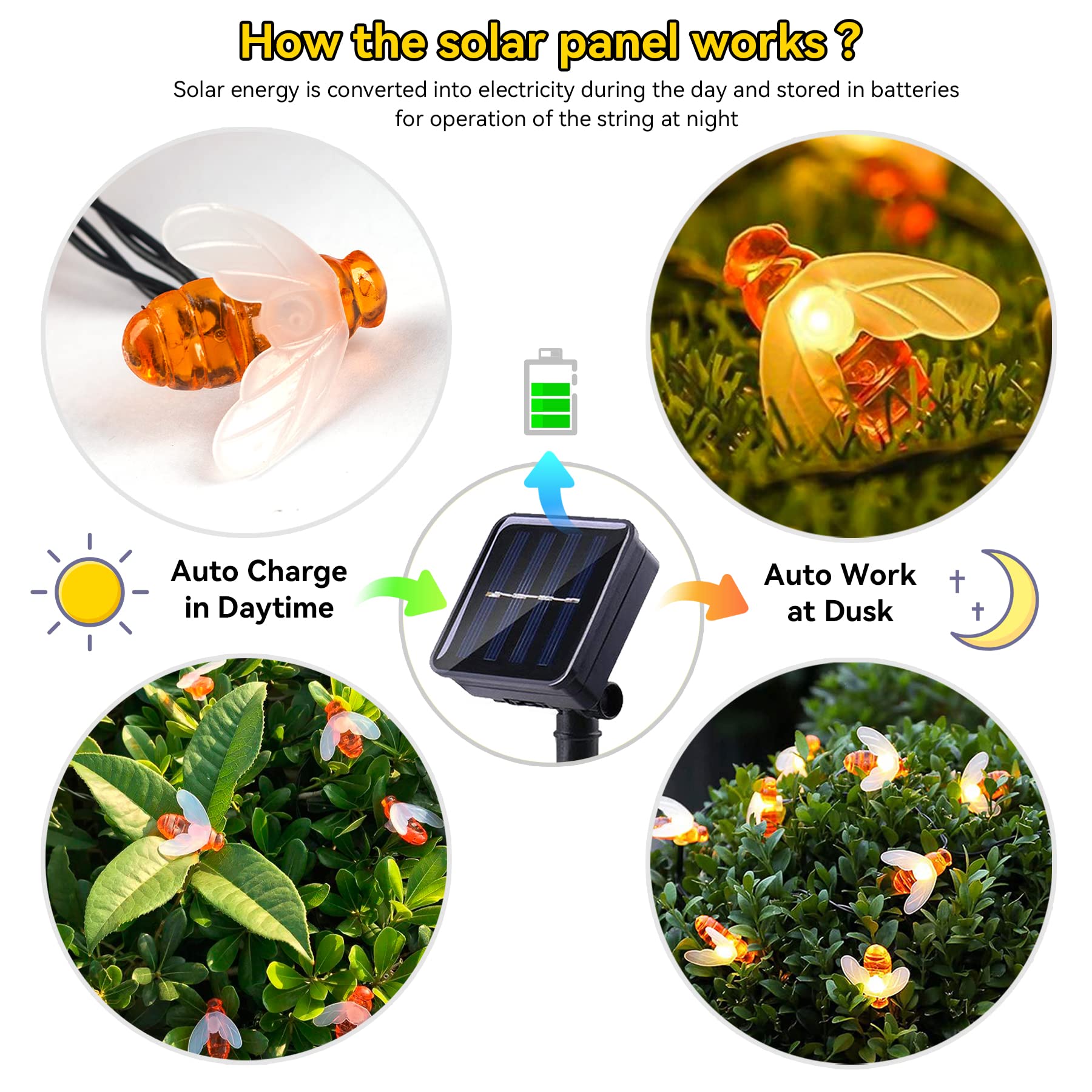 Iticdecor Solar Bee String Lights 30 Led 8 Modes Cute Bee Light Waterproof Outdoor Lights Starry Fairy Light Wedding Home Garden Patio Party Christmas Tree Decoration