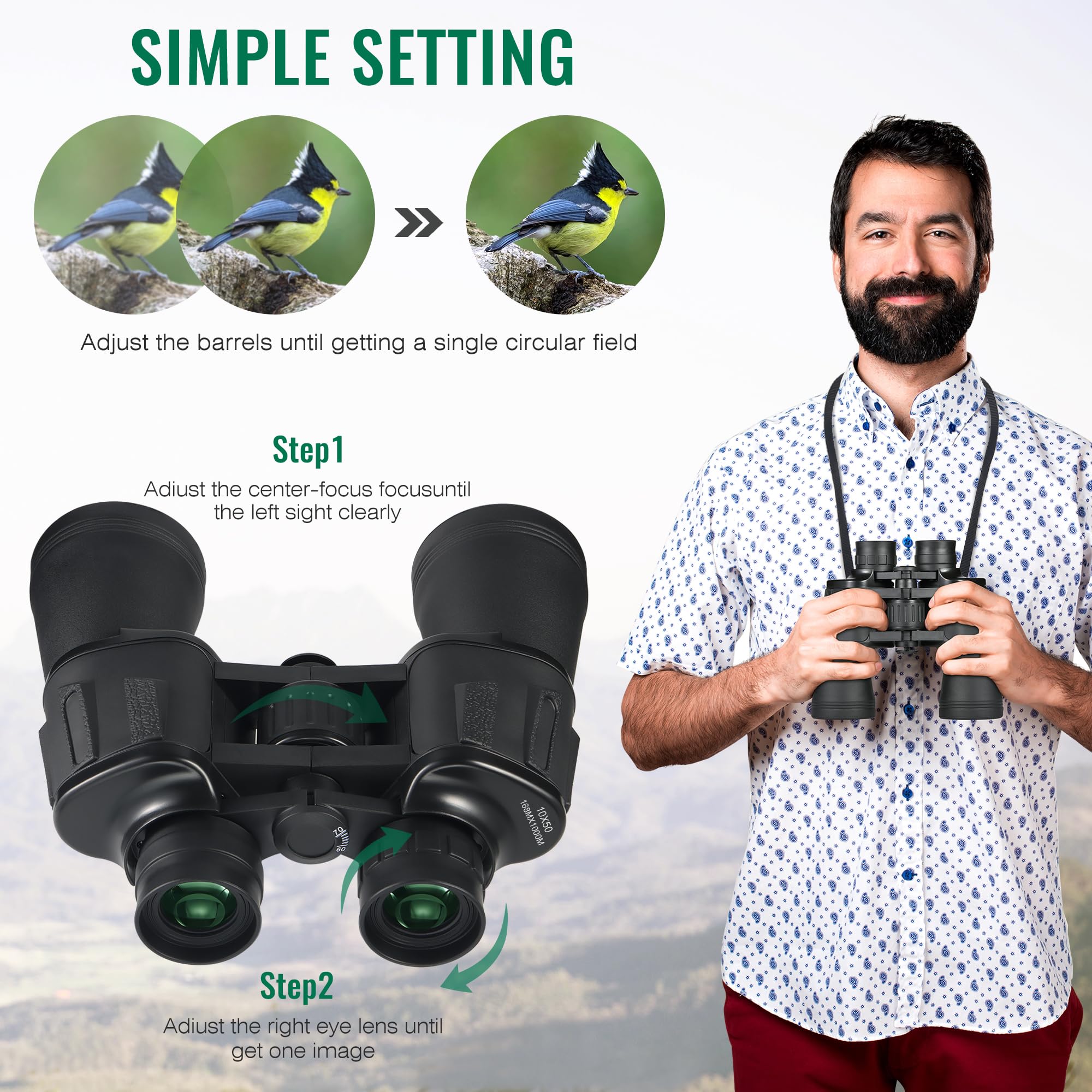 Yomuse 10X50 Hd Binoculars For Adults And Kids, Large View Compact Binocular With Clear Low Light Vision, Waterproof/Professional Bino Culars For Bird Watching/Outdoor Hunting/Travel (Black)