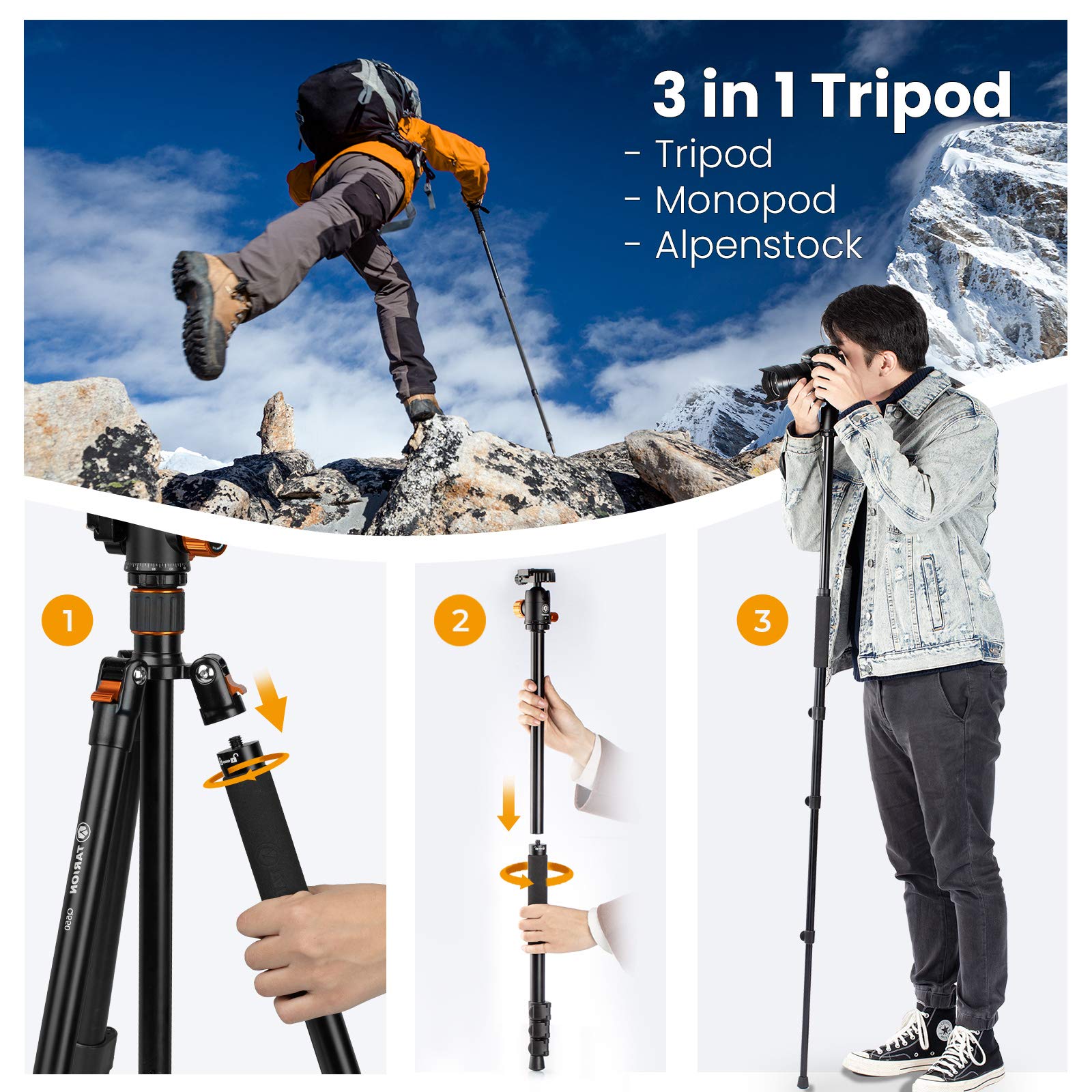 Tarion Camera Tripod Monopod 61" Panorama Ball Head Foldable With 12.6" Horizontal Tripod Extension Arm Boom And Counterweight Sandbag For Overhead Photography And Filming