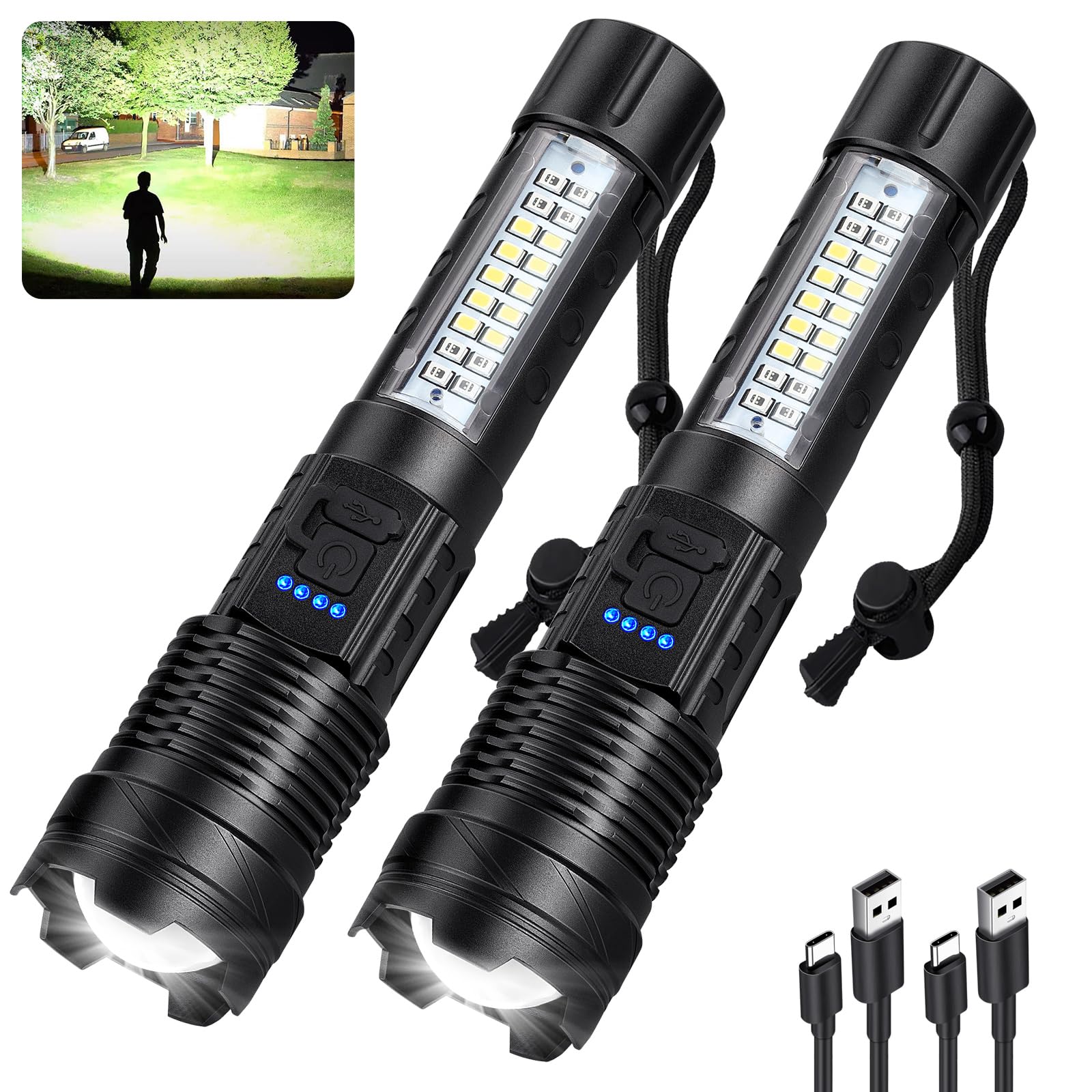 Milaoshu Rechargeable Flashlights 990,000 High Lumen - 2 Pack, Super Bright Led Flash Light With 7 Modes, 5000 Mah High Capacity Βatteries - 12 Hour Runtime, Ipx7 Waterproof Flashlight For Outdoor Camping