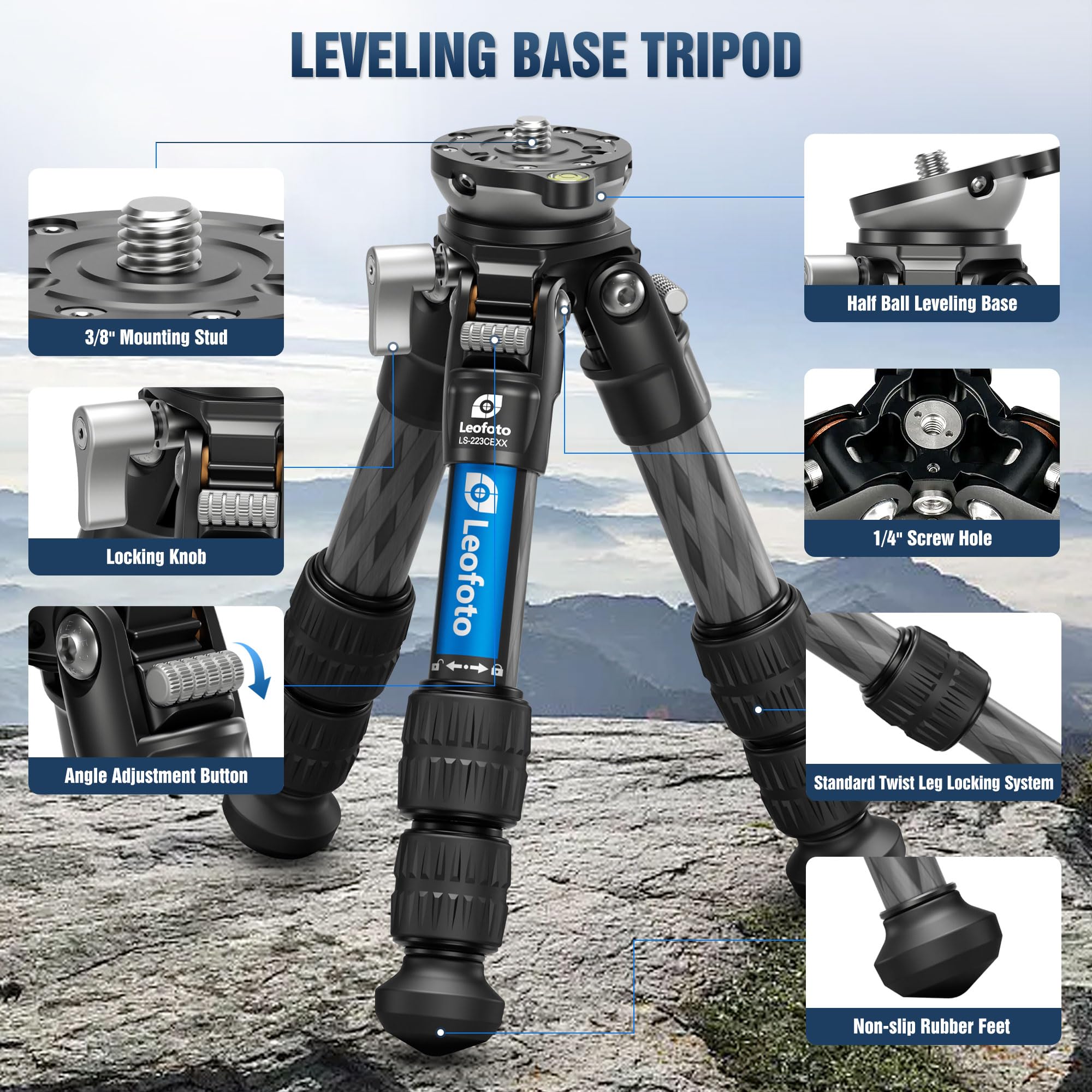 Leofoto Carbon Fiber Mini Tabletop Tripod With Leveling Base For Camera, 360° Rotating Portable Tripod With 3/8" Screw For Dslr/Phone Holder/Projector, A Bubble Level, Folded Length 8.54", Max Load 11Lb
