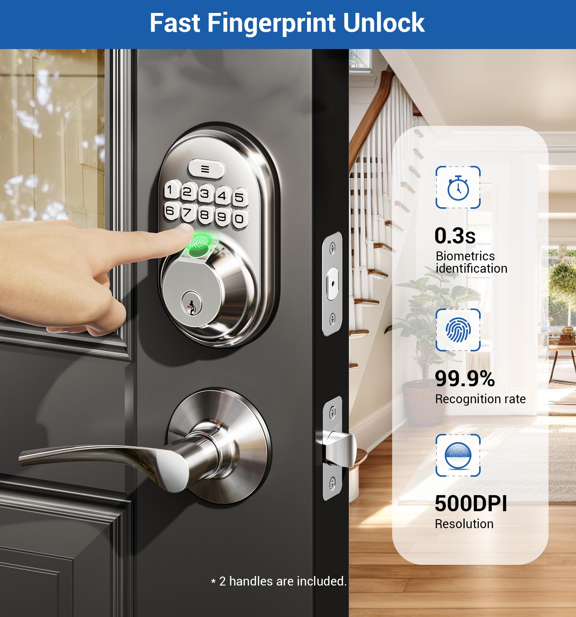 Veise Fingerprint Door Lock With 2 Lever Handles, Keyless Entry Keypad Electronic Deadbolt, Front Door Lock Set, Easy Installation, Satin Nickel