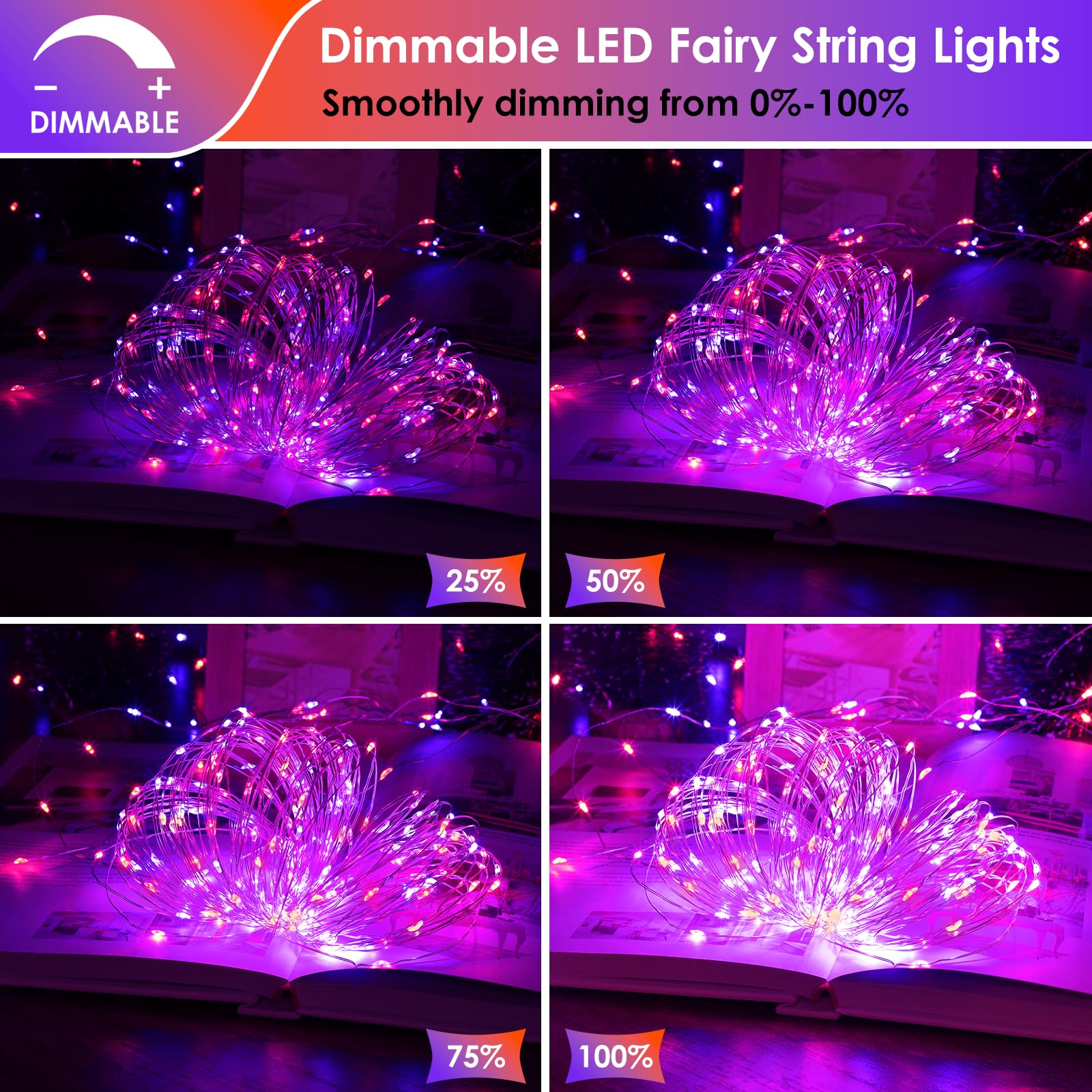 Mlambert 3 Pack 33Ft Fairy Lights Battery Operated With Remote And Timer, Dimmable Waterproof 8 Modes Lights For Indoor Outdoor Party-Orange/Purple