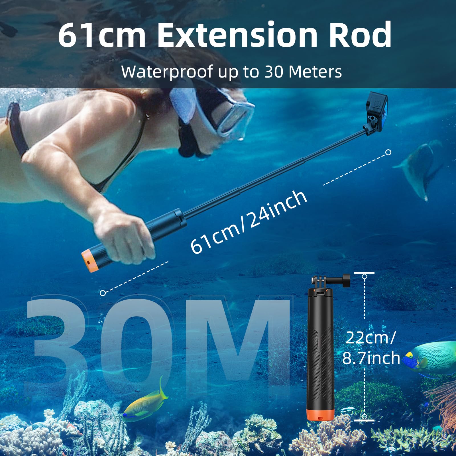 Auykoo Waterproof Selfie Stick Floating Hand Grip Tripod, Extension Monopod Pole Floating Tripod,For Go Pro Hero 13, 12, 11, 10, 9, 8, Dji Osmo Action 5 Pro 4/3,Insta360 Ace,Most Action