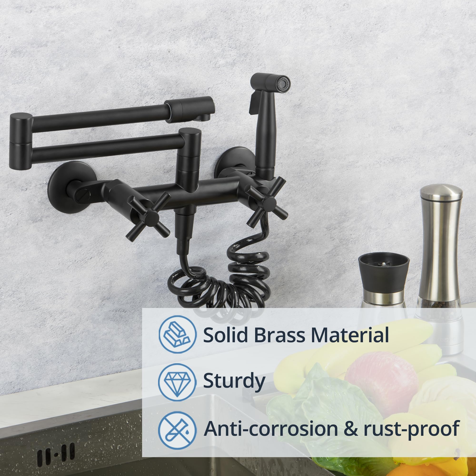 Dolgaba Wall Mount Kitchen Faucet Commercial Pot Filler 8 Inch Center 2 Handles Folding Wall Mounted Faucet For Kitchen Sink With Side Sprayer, Matte Black