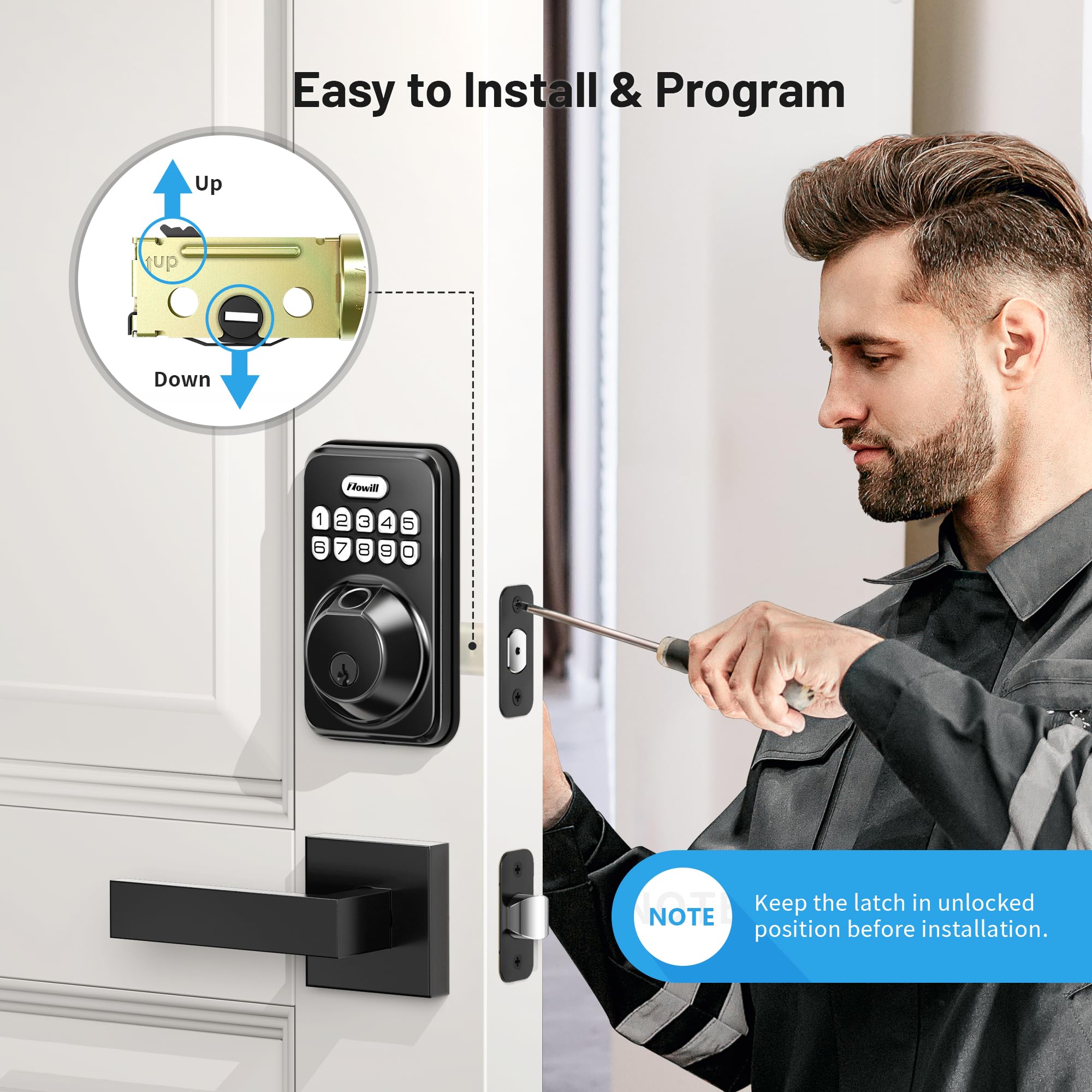 Zowill Fingerprint Door Lock, Keypad Door Lock With 2 Handles, Keyless Entry, Auto Lock, Anti-Peeping Password, Electronic Deadbolt, Front Door Handle Sets For Homes, Apartments, Easy To Install