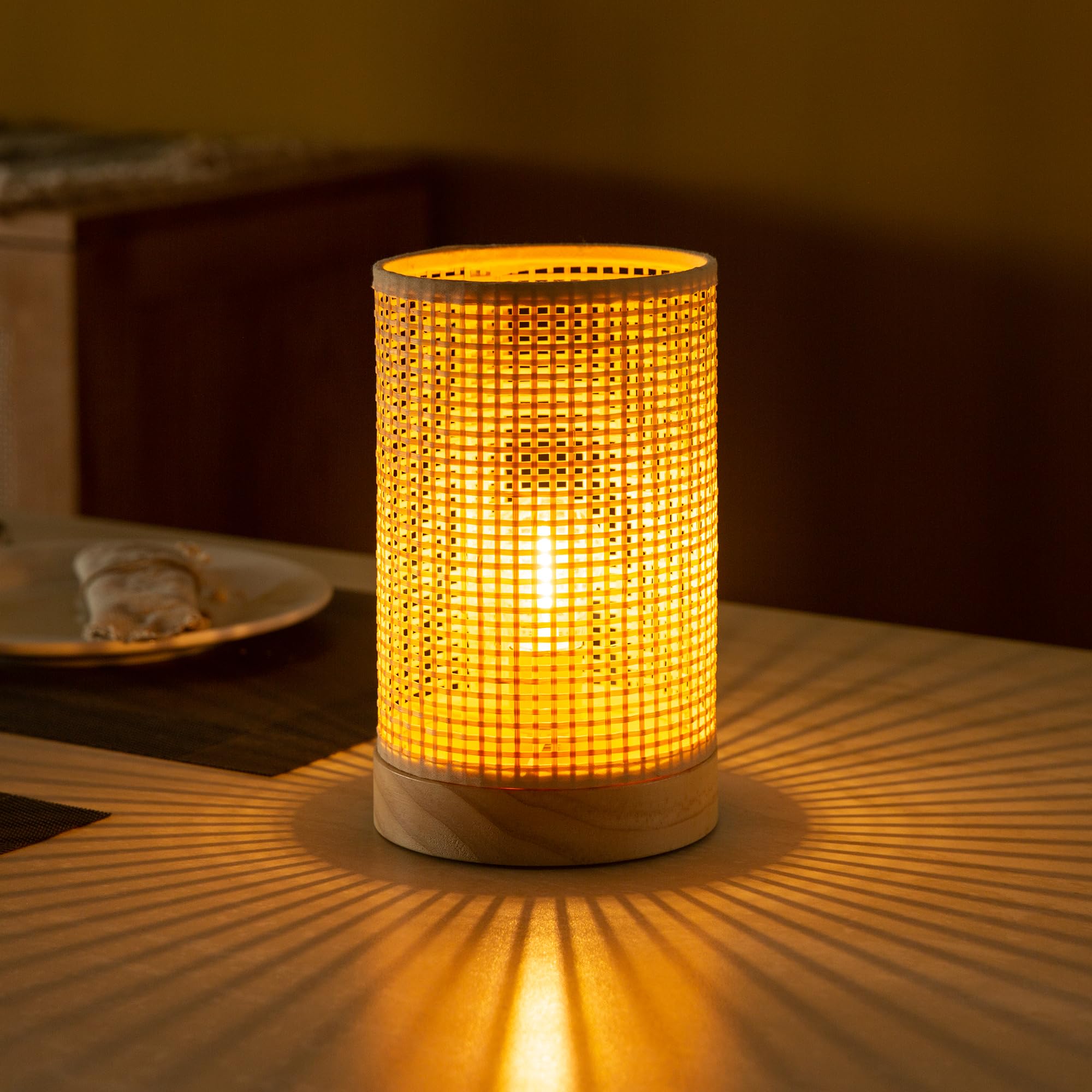 Lusharbor Battery Operated Lamp With Timer, Rattan Boho Table Light Battery Powered Beside Lamps Small Cordless Lamp For Kids Room Entryway Home Decor