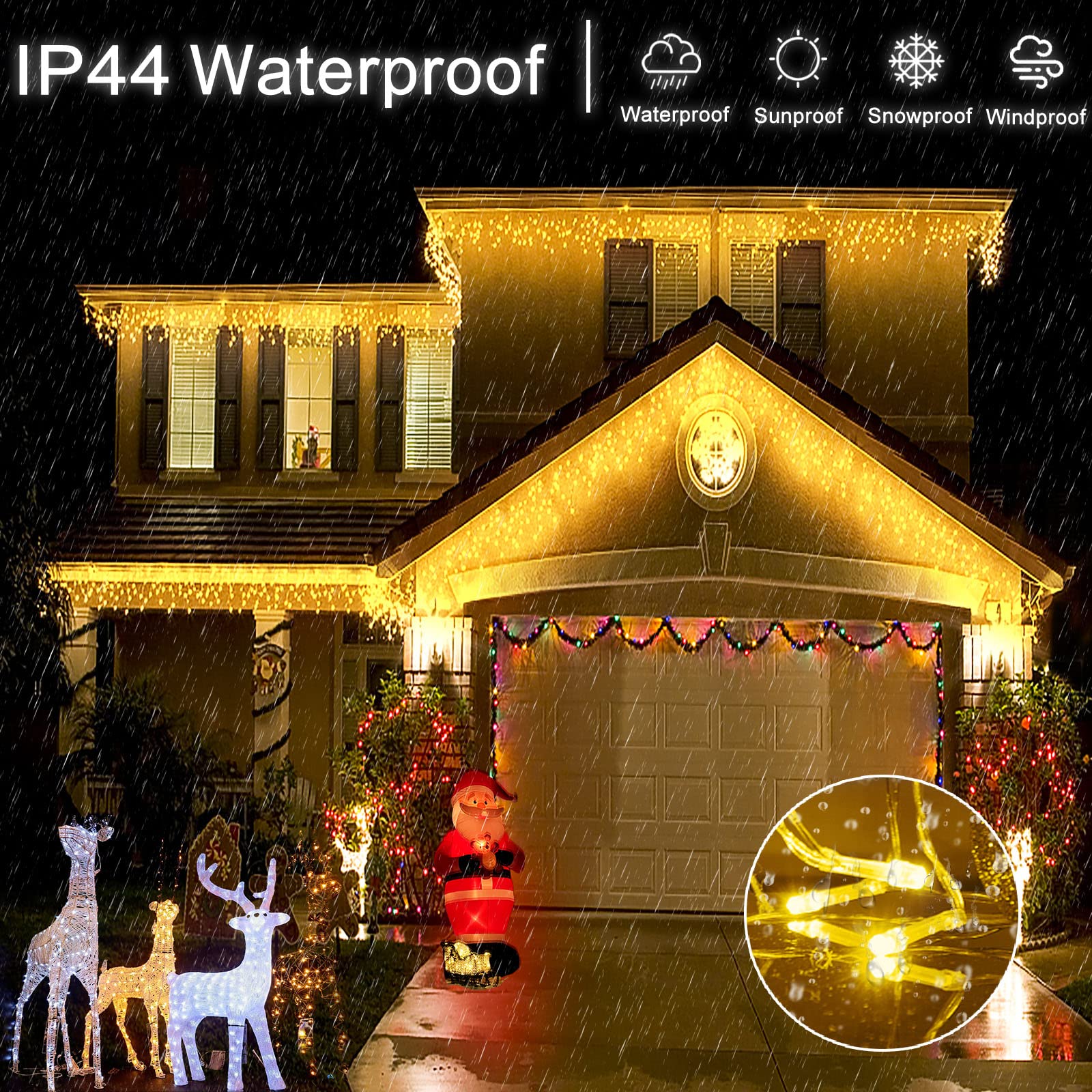 Einiiya 400 Led Christmas Lights Outdoor Waterproof, 33Ft Icicle Lights For Outside 8 Modes With 75 Drops, Plug In Icicle Christmas Light Outdoor For Holiday Wedding Christmas Decorations, Warm White