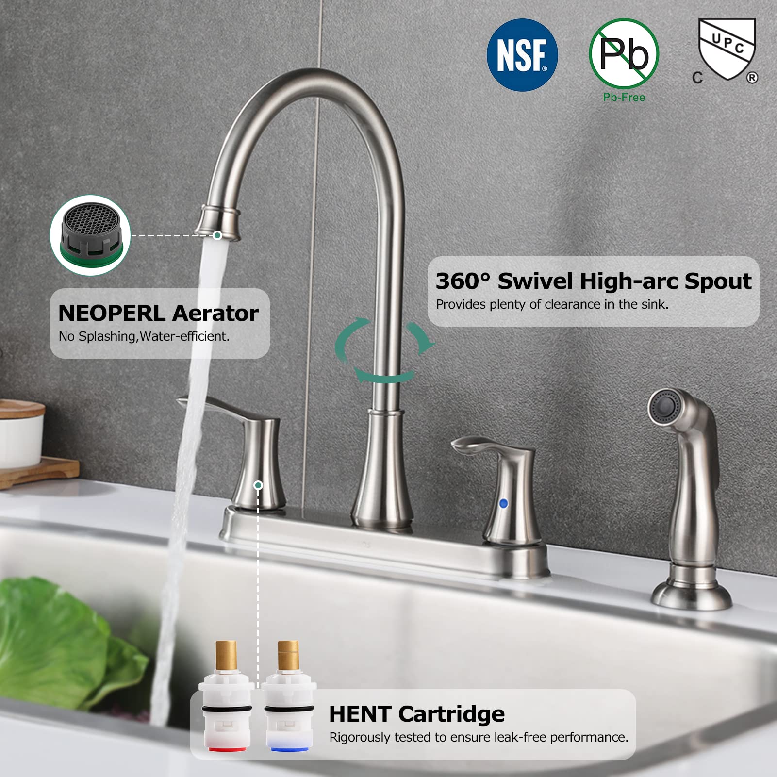 Parlos 8 Inch Two Handles High Arch Kitchen Sink Faucet With Side Sprayer & Supply Lines, Brushed Nickel, Demeter 14138