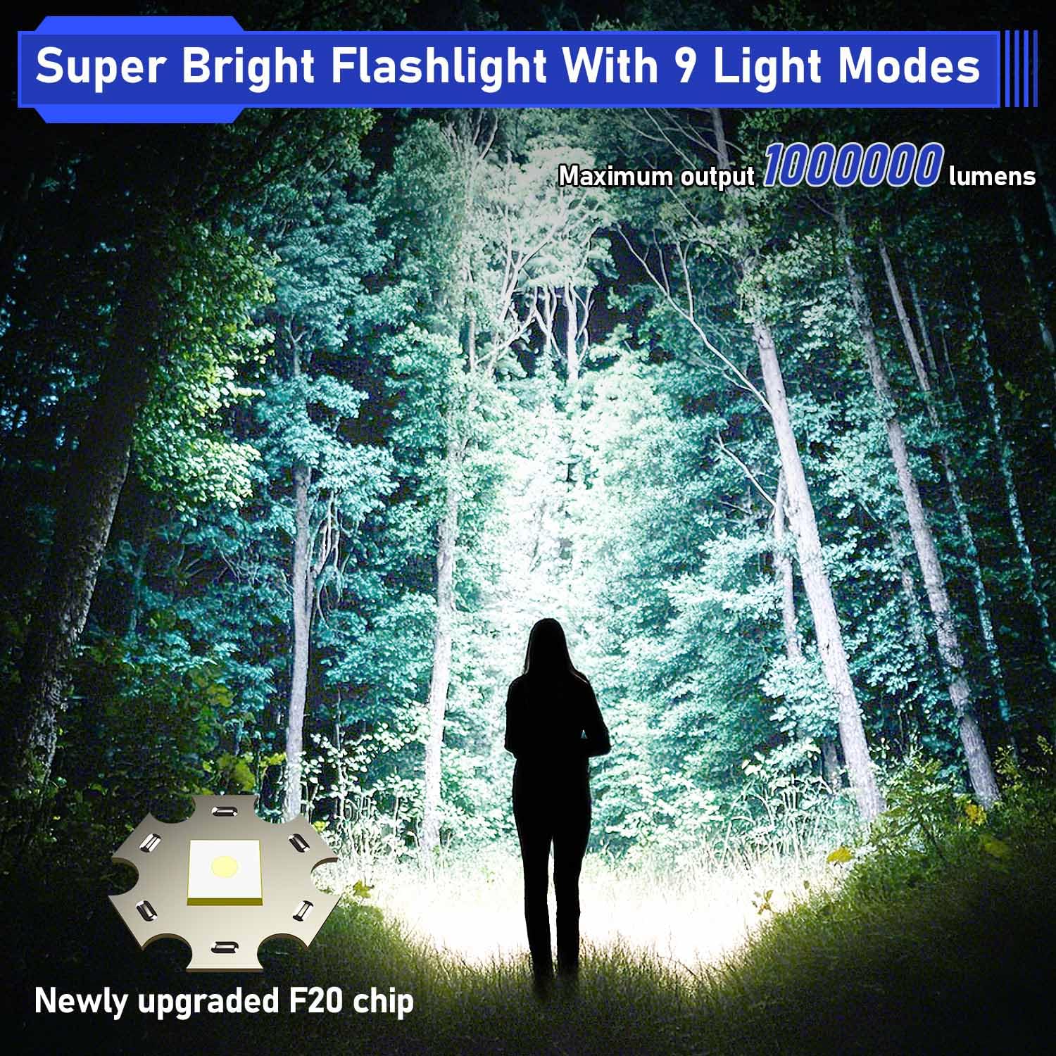 Jay-Park Flashlights High Lumens, Rechargeable Flashlight 1000,000 Lumens With Magnetic, Bright Flash Light 9 Modes With 5000 Mah Battery, Tactical Flashlight For Camping, Hiking, Dog Walking