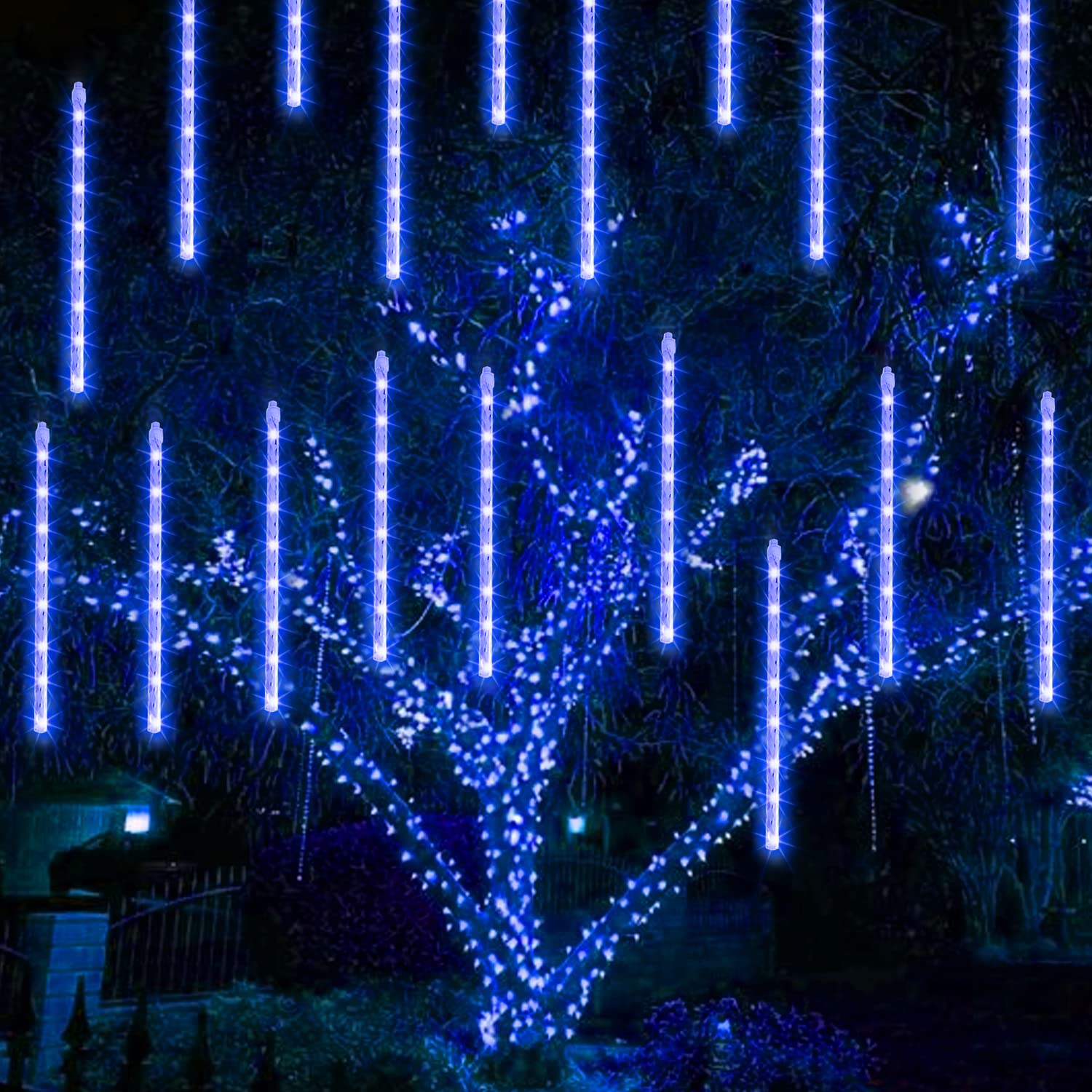 Tw Shine Christmas Lights Outdoor, 288 Led 12" 8 Tubes Meteor Shower Lights Outdoor Christmas Decorations Plug In, Waterproof Snow Falling Rain Icicle Xmas Lights For Tree Decor, Blue