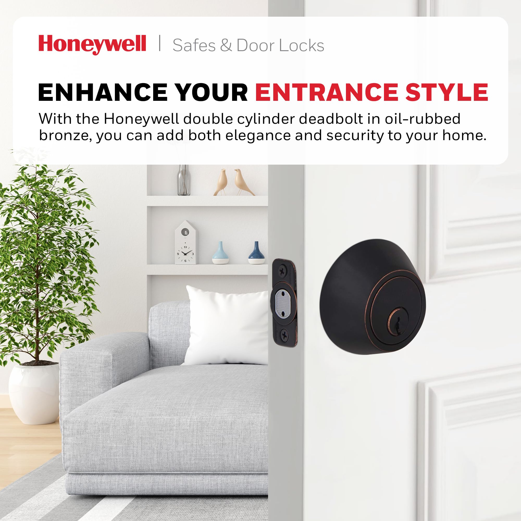 Honeywell Safes & Door Locks - Double Cylinder Deadbolt Door Lock - Double Sided Lock Reversable For Left & Right Handed Doors - Anti Bump Resistant - 3 X 5 X 8.5 In - Oil Rubbed Bronze - 8112409