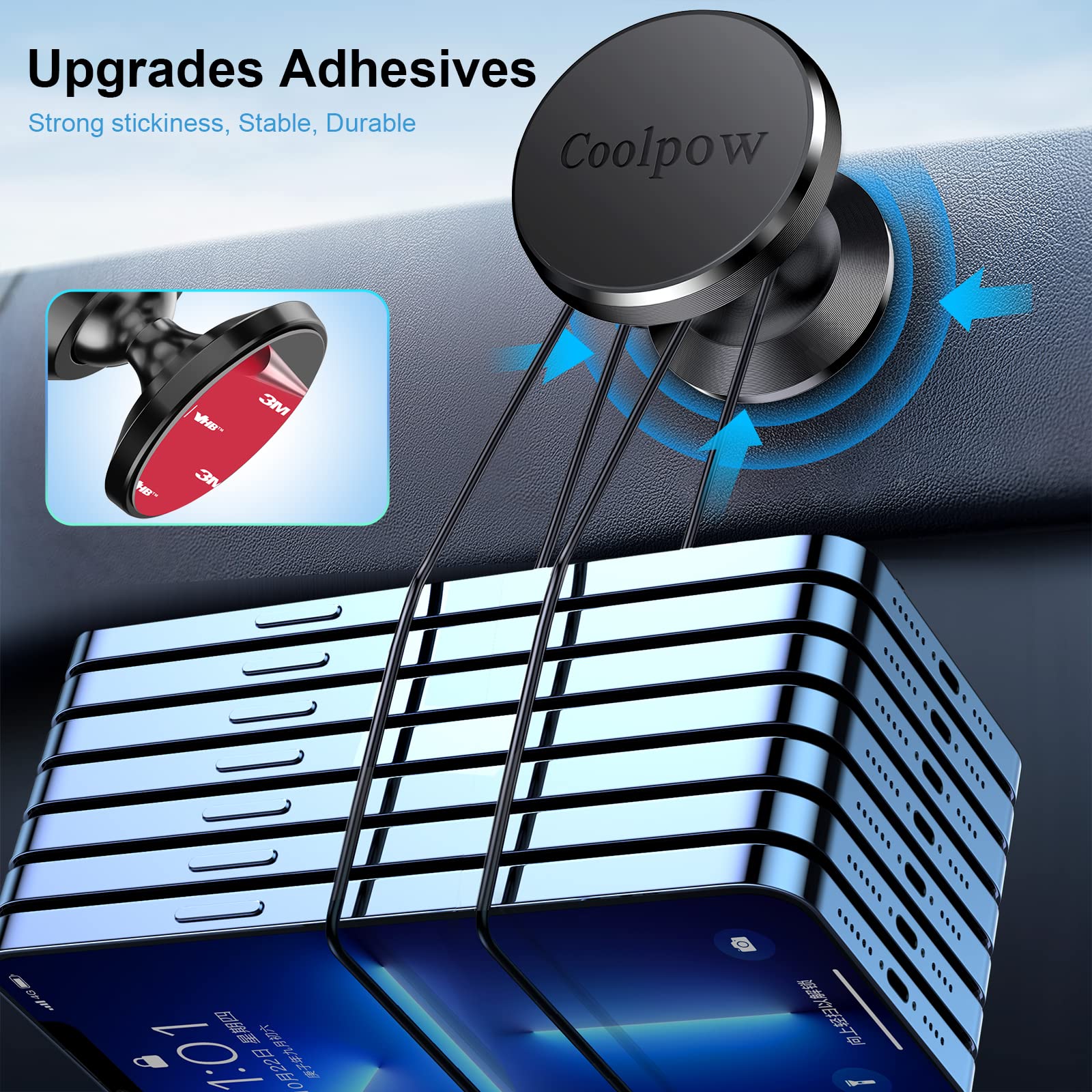 Coolpow 【2-Pack】 Magnetic Phone Holder For Car, [Strong Magnet] Magnetic Phone Mount For Car [4 Metal Plate] Iphone Magnetic Car Mount For Cell Phone [360° Rotation] Universal Dash Car Phone Holder Mount