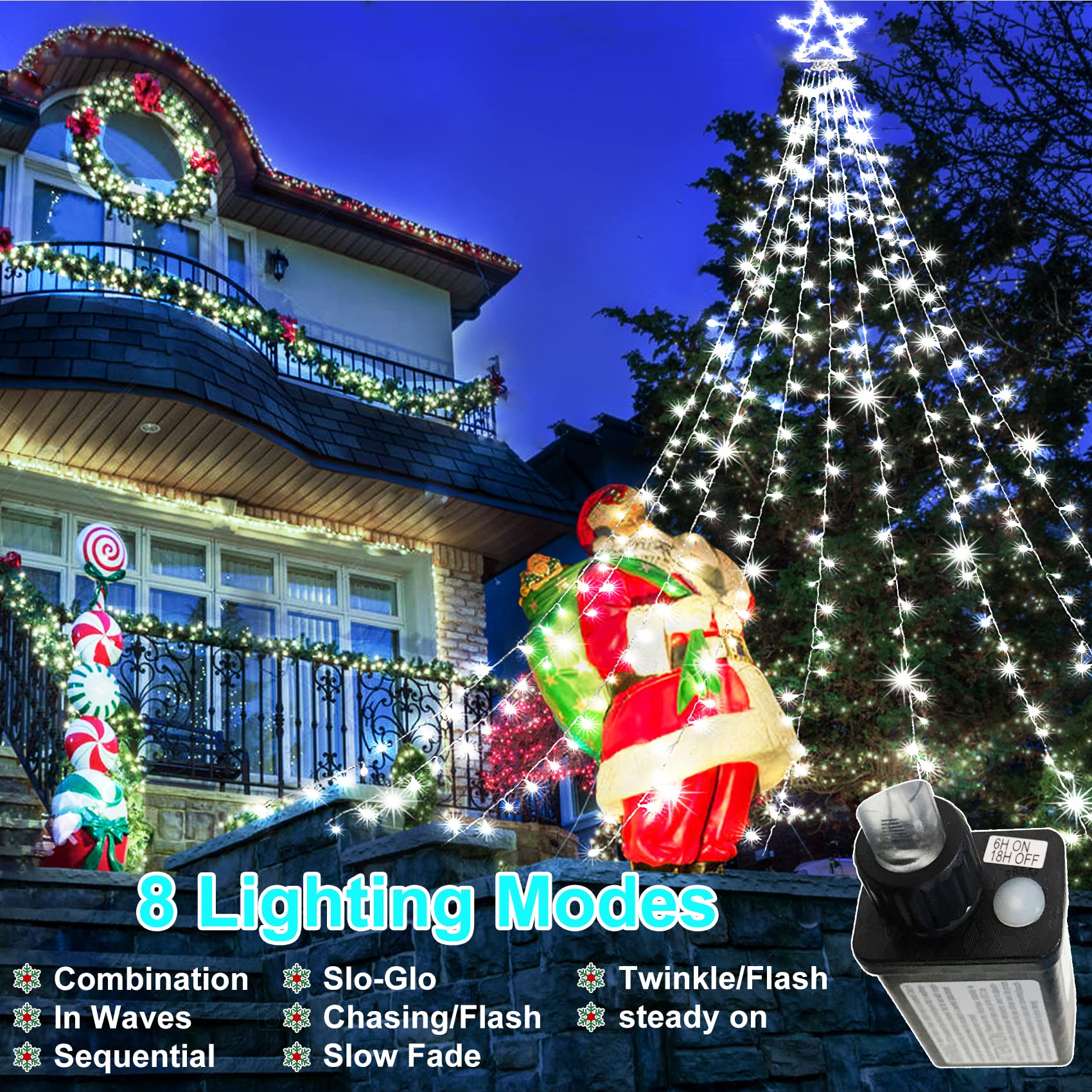 Kno Knooutdoor Christmas Decorations Waterfall Star Lights,344 Led 8 Modes Tree Light,Plug In Clear Wire Waterproof Seasonal Lighting Decor For Xmas Tree Wedding Yard Holiday Garden Cool White