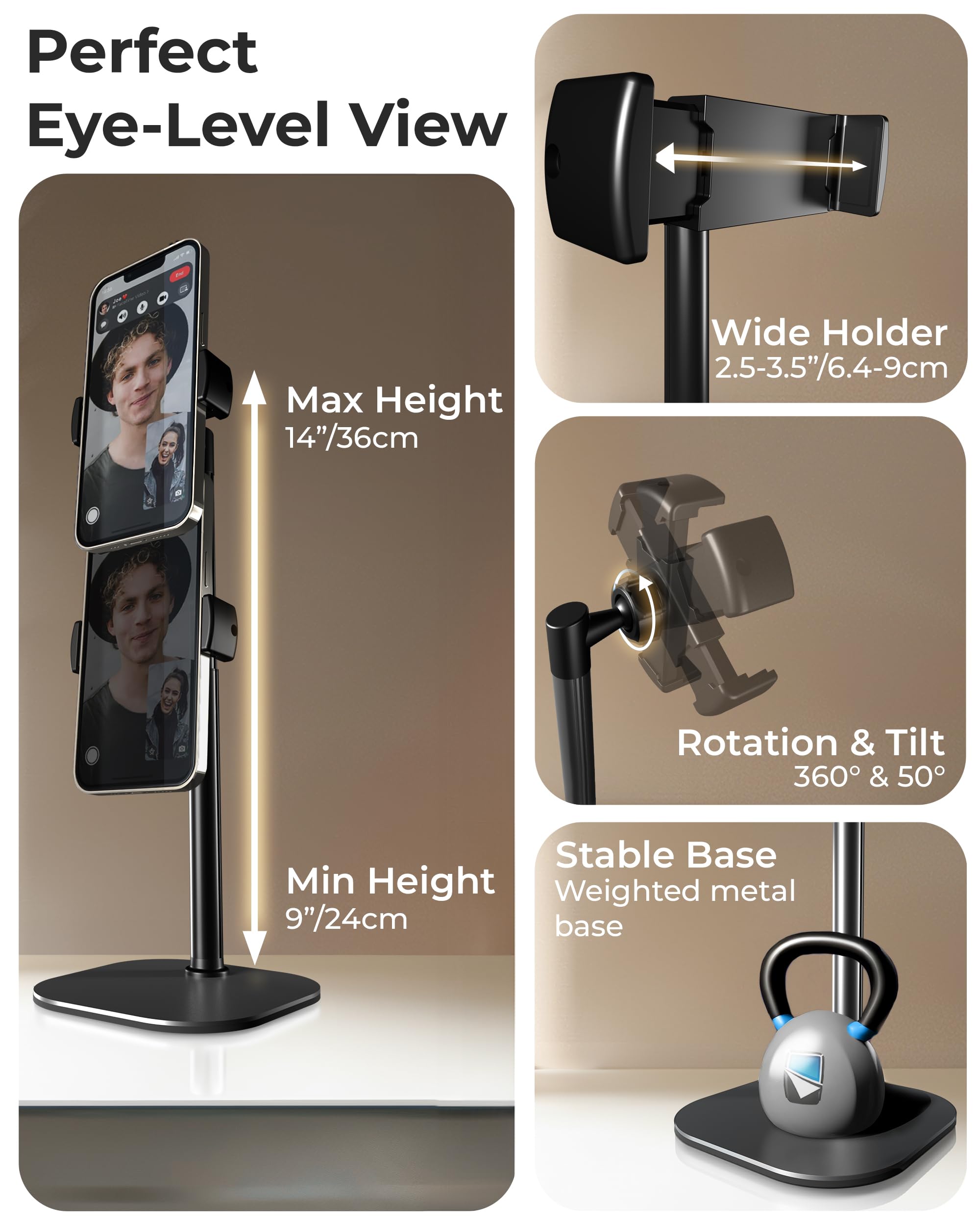 Cooper Cases Cooper Chatstand Adjustable Cell Phone Stand For Desk & Video Recording, Rotating Cell Phone Holder For Desk For All Iphone, Samsung, Android, 9-14" Face-Level Metal Desktop Tripod (Night Black)