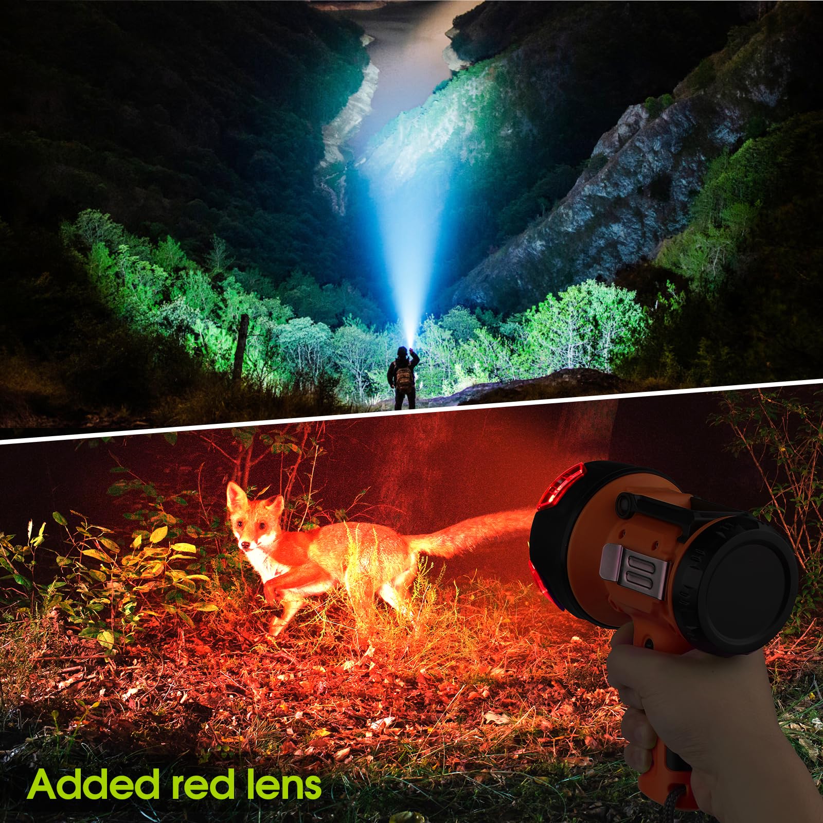 Wenfeng Rechargeable Spotlight Flashlight With 1000,000 Lumen Led, Ip65 Waterproof Searchlight Handheld Work Light With Foldable Stand And Red Lens- Orange