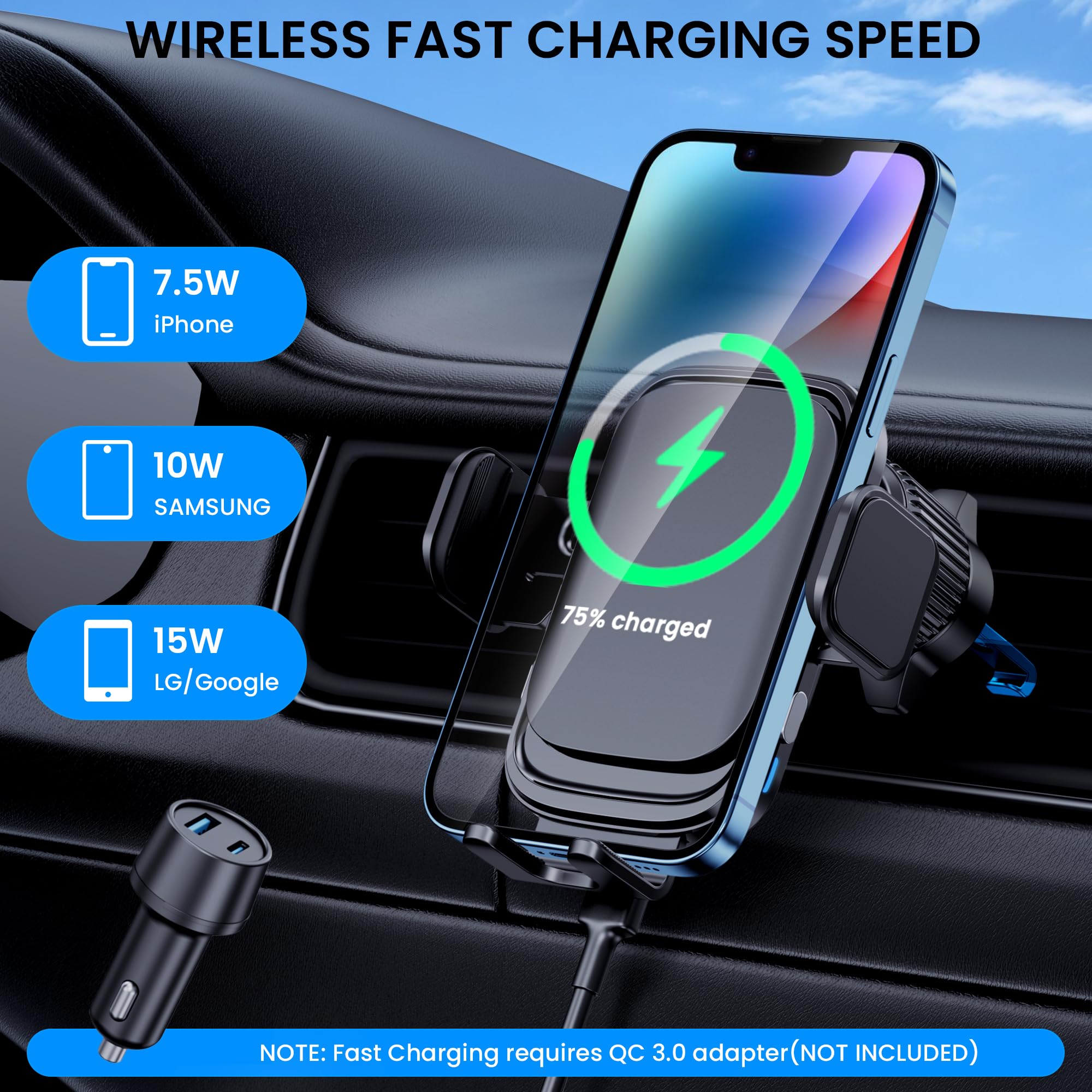 Clamemo Wireless Car Charger, 15W Fast Charging Phone Mount Auto-Clamping Phone Holder For Dashboard Air Vent, Car Wireless Charger Mount Fit Iphone 14Pro/13 Pro/12/11/Xr/8, Samsung Galaxy S23/S22/S21