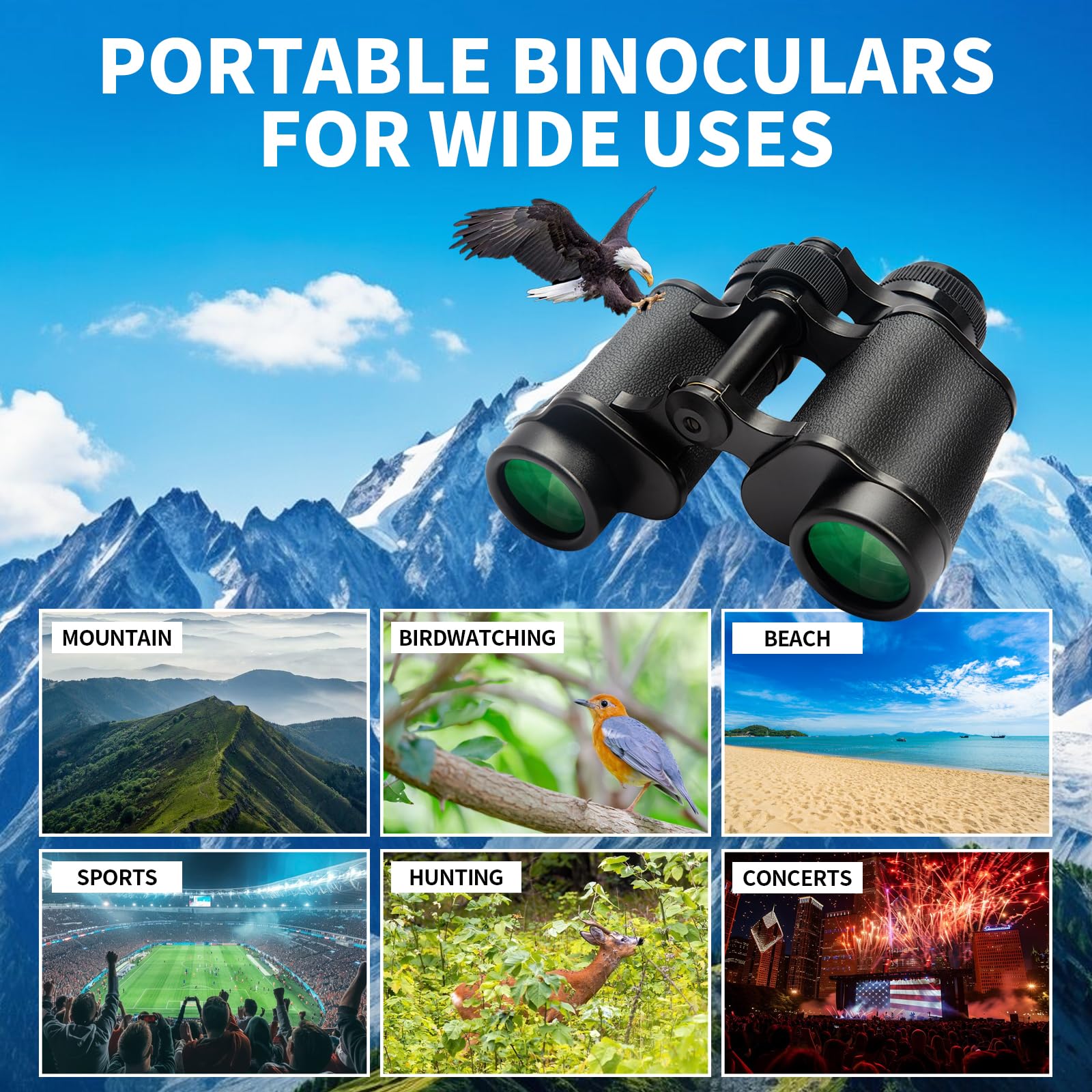 Wulakeo 10X25 High Powered Binoculars For Adults, Waterproof Compact Binoculars With Low Light Vision For Bird Watching Hunting Football Games Travel Stargazing Cruise With Carrying Bag